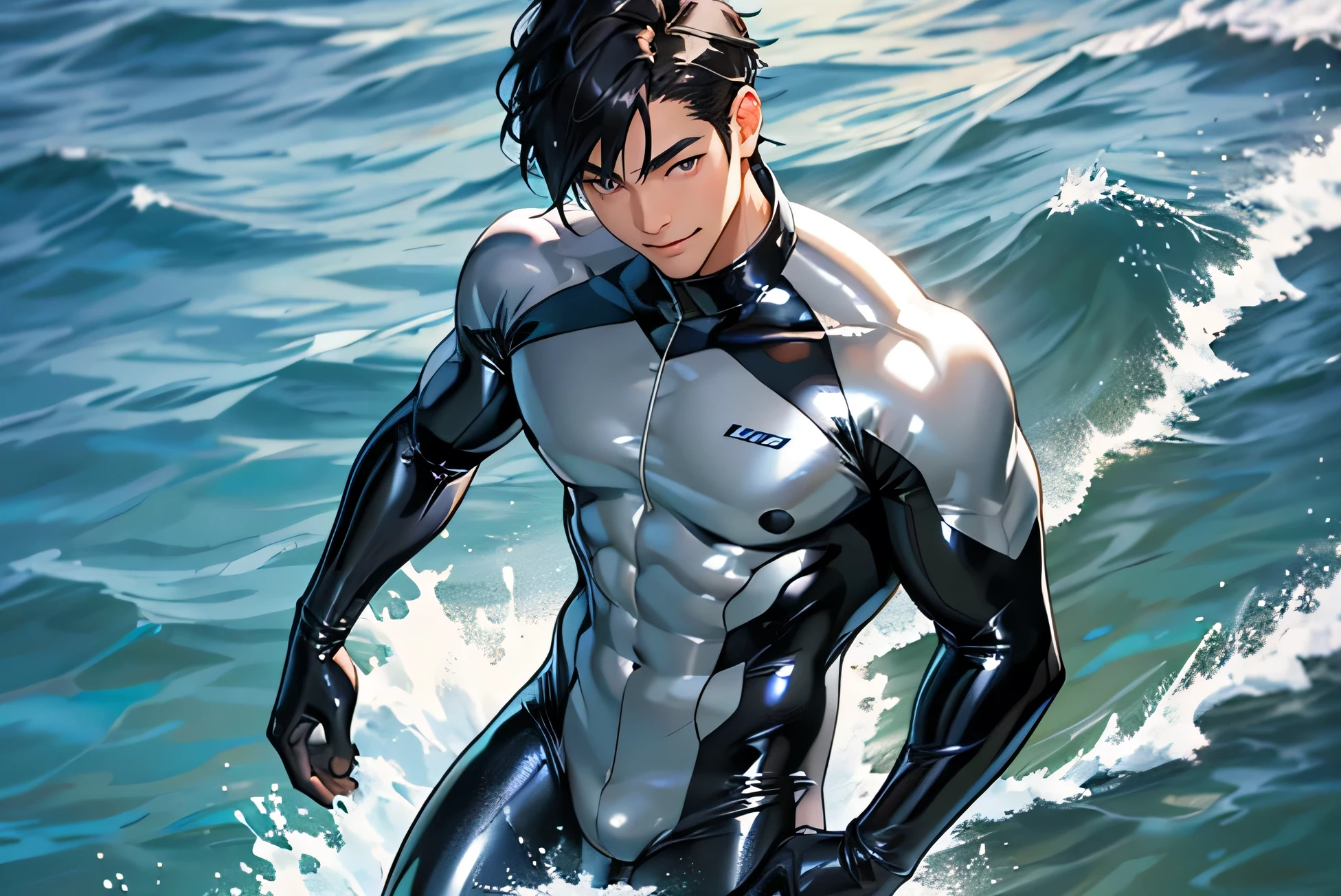 Handsome Japanese male models 　Black Hair　　Short cut　　　　Slim figure　　barefoot　　smile　looking at the camera　　　　soaked　Ocean　Shiny full-body silver suit　　　A shiny, silver latex suit that covers the skin　Bulge　　Upper body close-up
