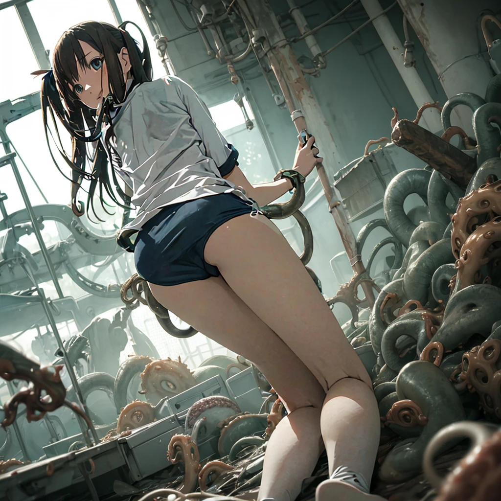 Girl captured by tentacles in abandoned factory　Tentacles in a skirt　Pants fabric texture　