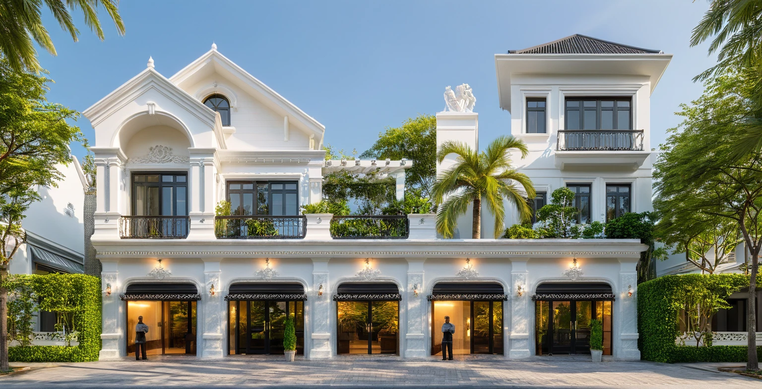 neo classical villa on street, (daylight), tropical tree, vivid colour, streetcapes, white tone, nice detail, white wall, large glass door, warm interior lighting, best quality, masterpiece, ultra realistic