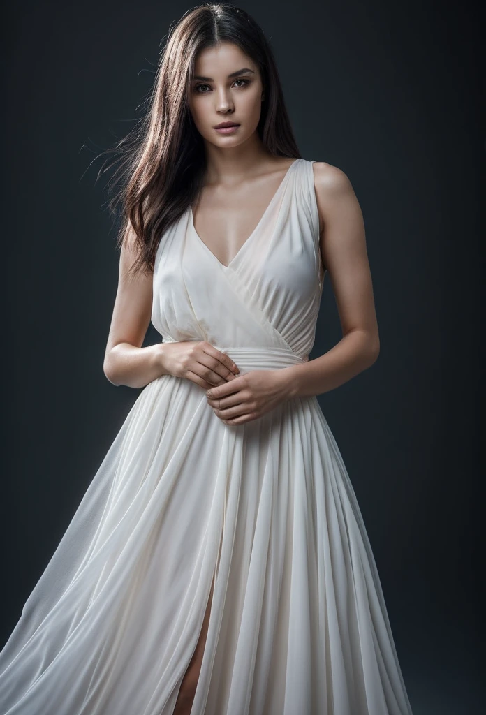 a beautiful female model,1girl,full body shot,dramatic lighting,backlit,long white flowing chiffon dress,mikhail katsmanstylisticdark moody background,stunning 4k photography,cinematic lighting,photorealistic,highly detailed,extremely realistic,masterpiece,award winning portrait