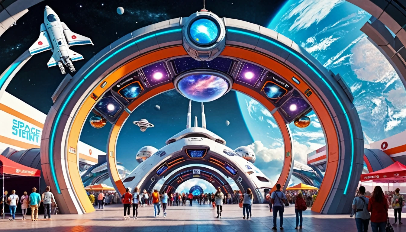 , Technology elements,Space station elements, A cool archway,Decorated with spaceship pendants, Arch entrance,Art and Food Festival,Gorgeous digital colors