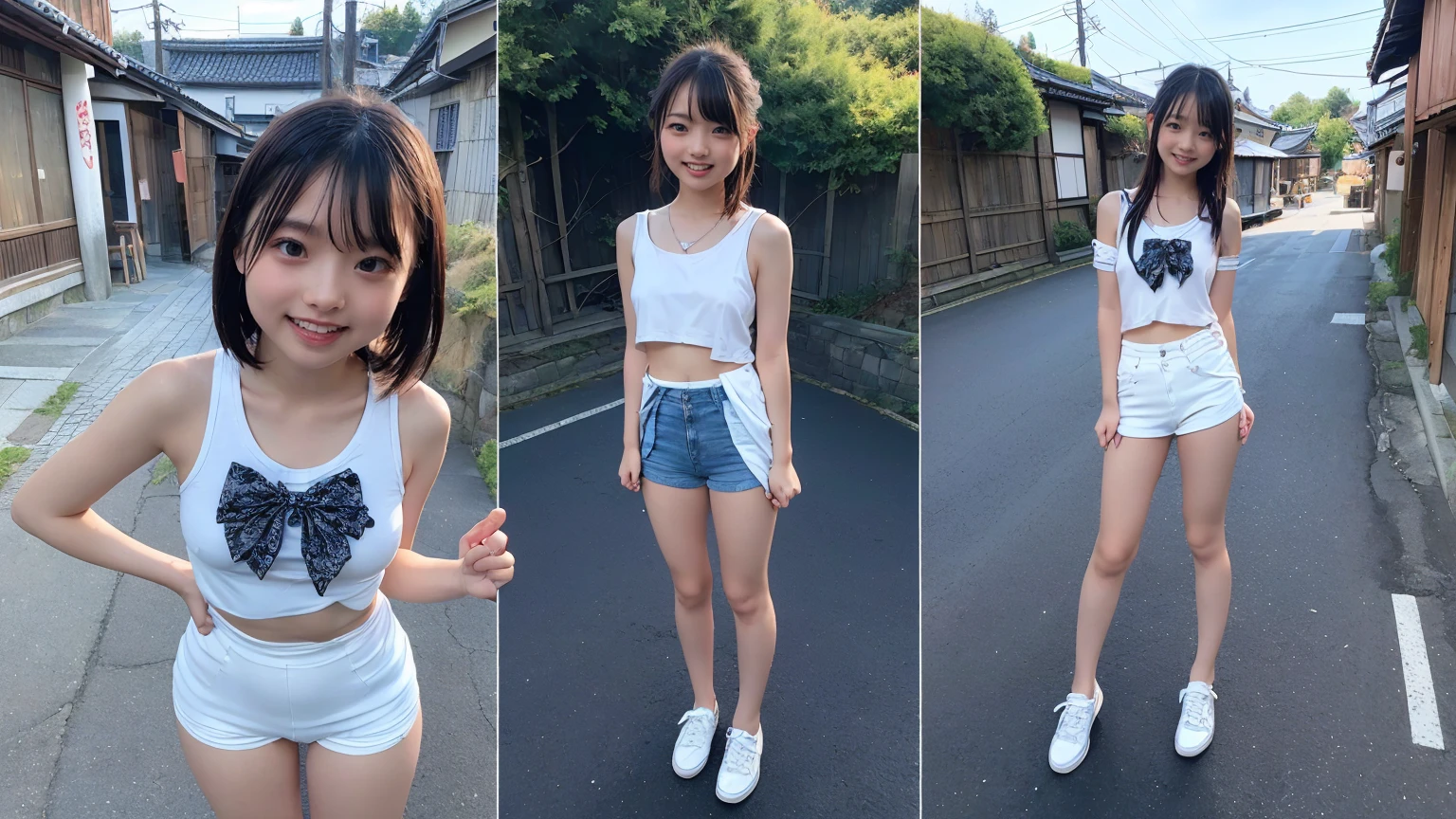 (２Split Photo:1.3)、Magazine Cover:1.3、(Beautiful 9  Japanese female town Street in Summer,All are under 90cm tall:2.0), Cute Face, (Deeply chiseled face:0.7), (freckles:0.6), Soft Light,Healthy white skin, shy, Bob, (Serious face), (Sparkling eyes), Summer Street Corner, thin,Small nippley lower body is wet、Semen leaks from the vagina、Semen dripping from the mouth，Completely naked:1.8、Show off your attitude、{(２Split Photo:1.3)、(Standing posture、Bend both knees outwards:1.5、Bow-legged:1.3)、(Standing posture、Bend both knees outwards:1.5、Bow-legged:1.3)}、Accurate limbs、Accurate Fingers、Accurate Fingersの本数、White sneakers:1.3、around the girl６People Girls、Cute smile、Laughing with your mouth open