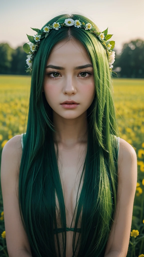 a girl. face sent feeling. Europe. Oval face. long face. delicate facial features. close eyes. seductively seductive. long straight hair. green hair. wreath on head. angry expression. straight face. in the flower field