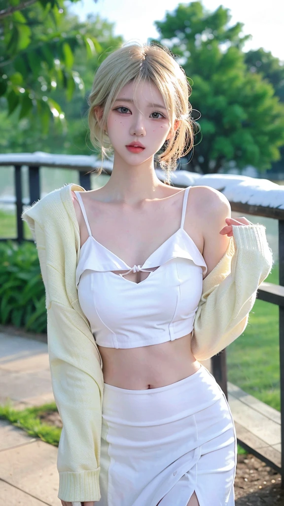 Beautiful woman with perfect figure:1.4，snow，snow背景，Layered Hairstyle，White skin，Prominent cleavage，Pleated Skirt，whole body，Very delicate face and skin texture，Double eyelids，Skin Whitening，Long white hair