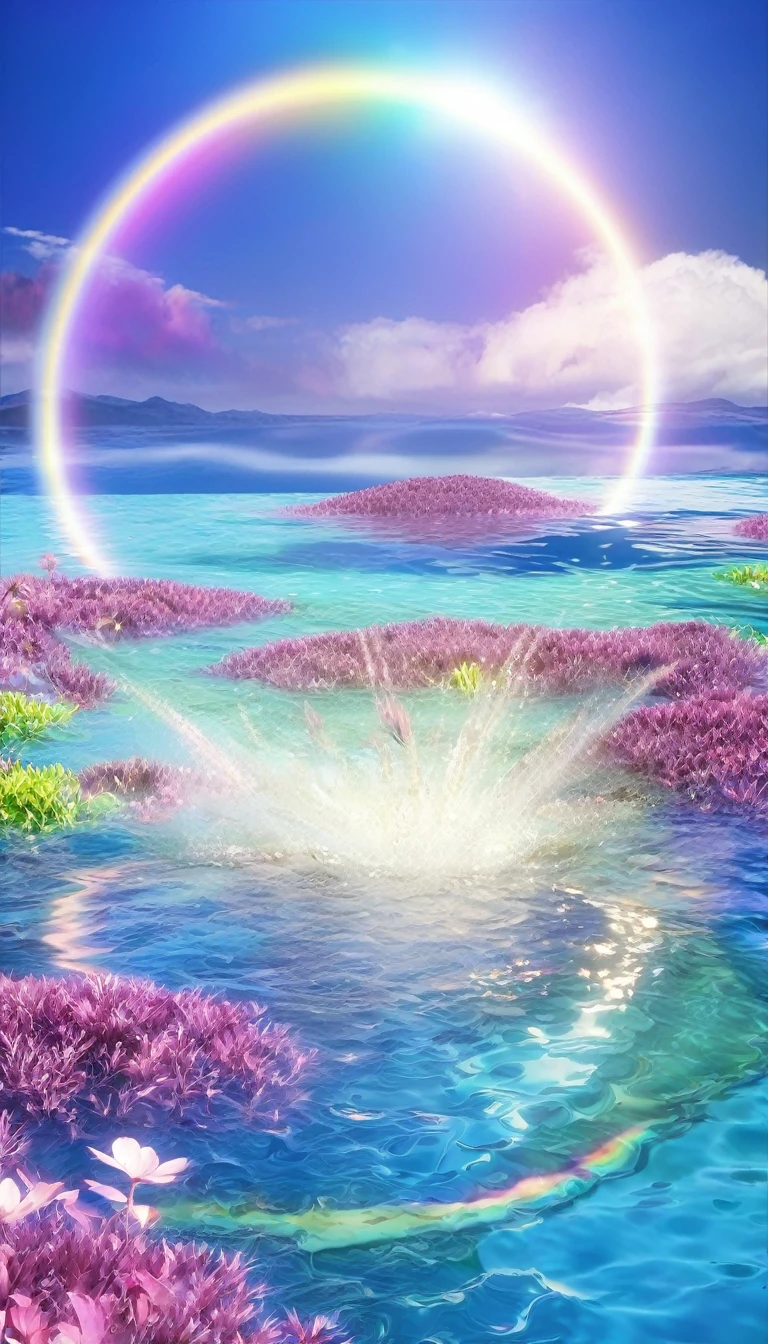 The rainbow-colored sea、Feel the summer、Highest quality, Super Fine, 16K, Incredibly absurd, Very detailed, delicate and dynamic, Multiple Translucency, Rainbow Magic Circle, ,, Prism special effects, mirror, illumination, Swirling dark aura, And beyond the universe,masterpiece.16K, Ultra-high resolution, Ultra-high resolution, to be born,wonderful ,future、Iridescent、The world 30 years from now。