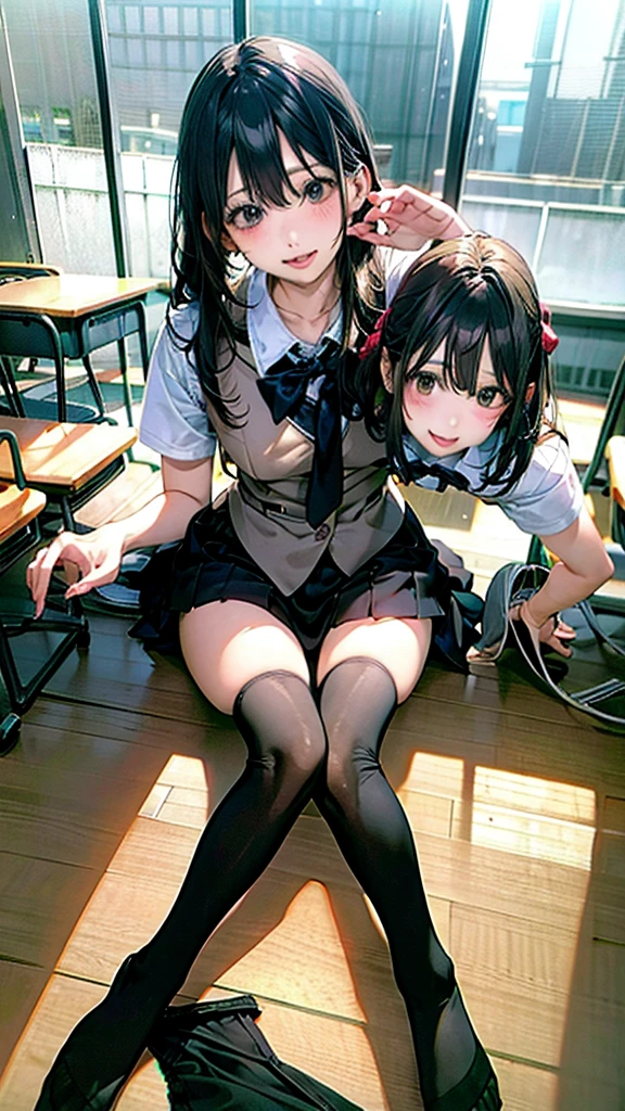 18s,classroom、School、Black socks、skirt、stand,4 people:1.5,Random hairstyle,pantydrop,Group photo