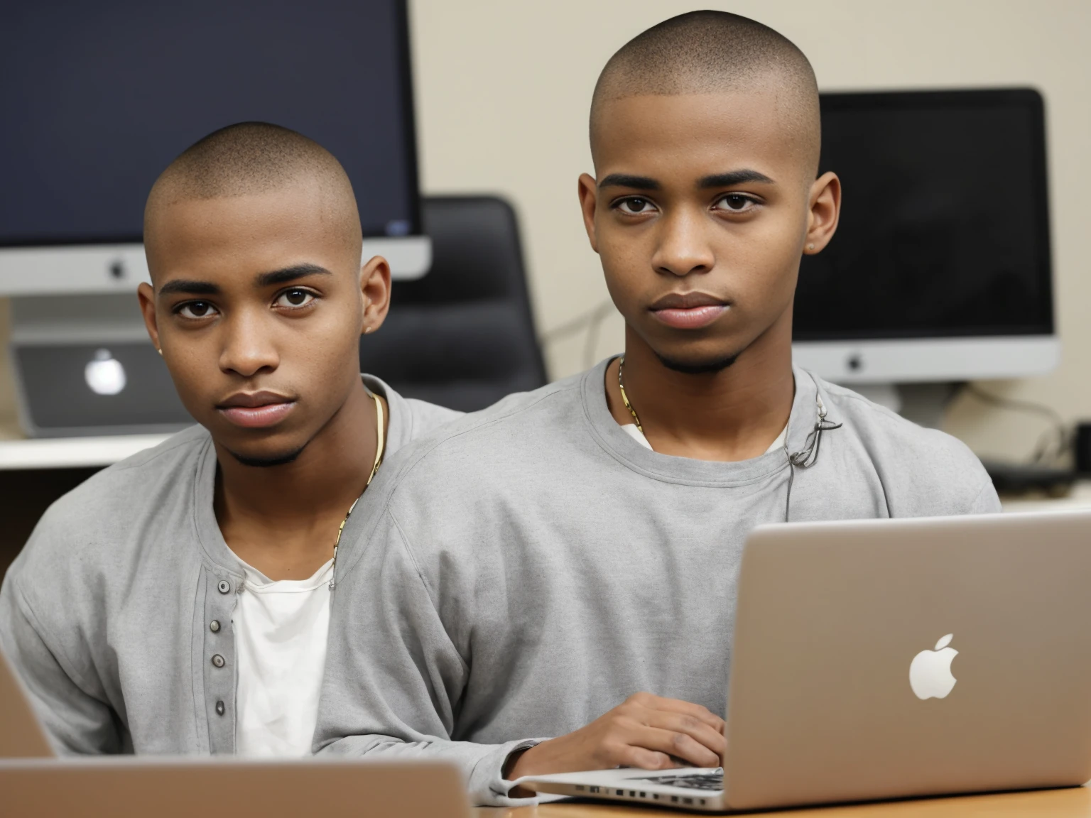 28 years old african american man, buzz cut hairstyle, apple laptop, sitting in an office