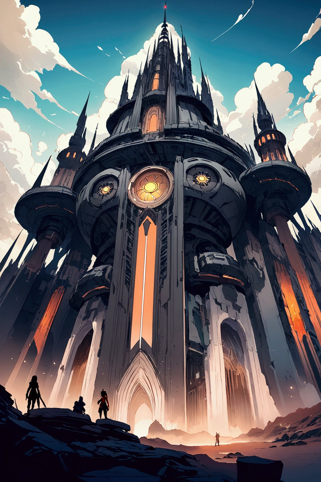 landscape,A mechanized castle in the center of the screen The surrounding area is a partially destroyed building.,Cloudy,Fusion of science and magic,Sci-fi mechanical civilization,Dark fantasy,Concept Art