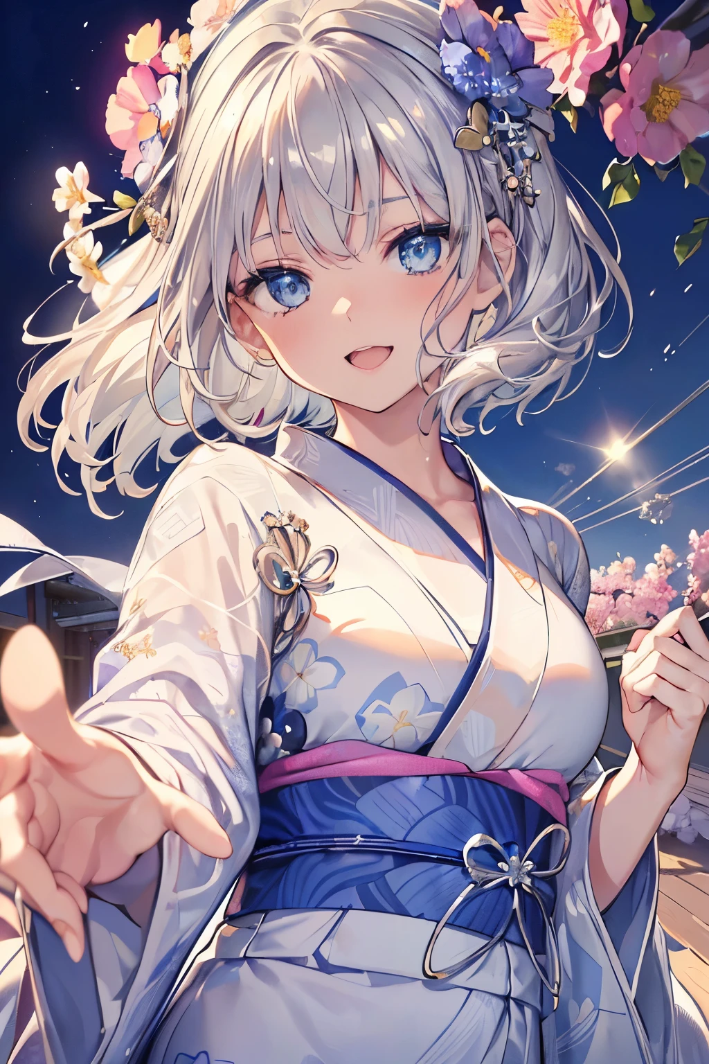 (Best quality,4K,8K,High resolution,Masterpiece:1.2),Super detailed,(Actual, Realistic),
break,
((Beautiful clear blue eyes:1.2)),very kind eyes,eyes wide open,
break,
((Beautiful and shiny silver hair:1.3)),A dazzling smile, a bursting smile, an open mouth laugh,
break,
(floral patterned yukata:1.3),
break,
((bust shot)),zoom in,dance