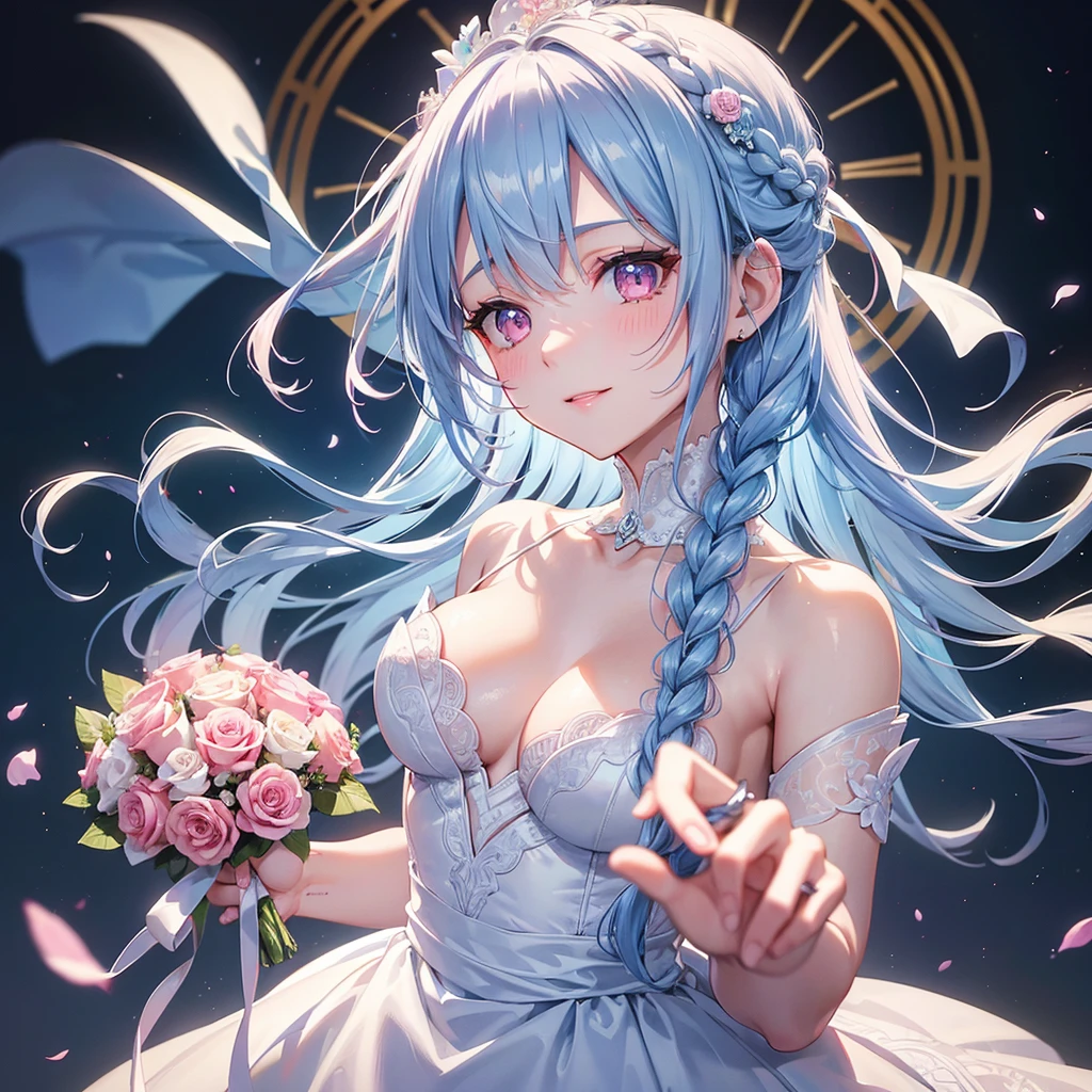  (Light blue medium hair),(Braided hair tied together)、Pink eyes、Fair skin、(whole body),bride,Big smile,Straight bangs,A dignified figure、 6月のbride,Wedding dress,(masterpiece, Highest quality, Very detailed, Best Shadow), (Detailed Background), (Beautifully detailed face), High Contrast, (Best lighting, Very delicate and beautiful), ((Cinematic Light)), colorful, Hyper Detail, Dramatic Light, Intricate details,Chapel background,Bouquet of roses,Ring on left ring finger,