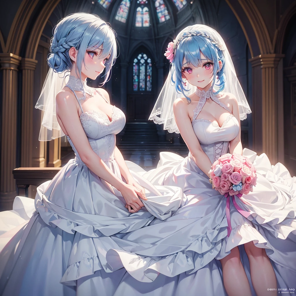(Light blue medium hair),(Braided hair tied together)、Pink eyes、Fair skin、(whole body),bride,Big smile,Straight bangs,A dignified figure、 6月のbride,Wedding dress,(masterpiece, Highest quality, Very detailed, Best Shadow), (Detailed Background), (Beautifully detailed face), High Contrast, (Best lighting, Very delicate and beautiful), ((Cinematic Light)), colorful, Hyper Detail, Dramatic Light, Intricate details,Chapel background,Bouquet of roses,Ring on left ring finger,