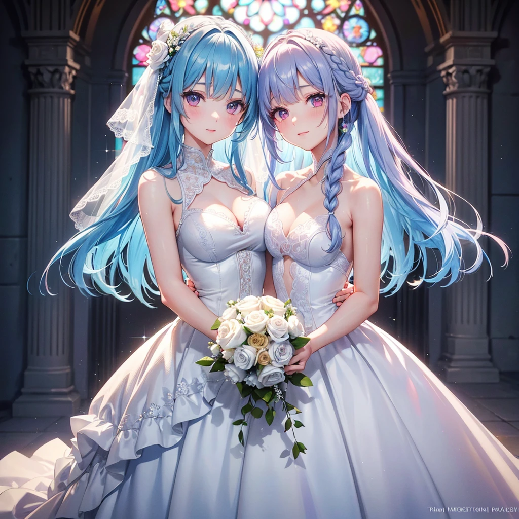 (Light blue medium hair),(Braided hair tied together)、Pink eyes、Fair skin、(whole body),bride,Big smile,Straight bangs,A dignified figure、 6月のbride,Wedding dress,(masterpiece, Highest quality, Very detailed, Best Shadow), (Detailed Background), (Beautifully detailed face), High Contrast, (Best lighting, Very delicate and beautiful), ((Cinematic Light)), colorful, Hyper Detail, Dramatic Light, Intricate details,Chapel background,Bouquet of roses,Ring on left ring finger,