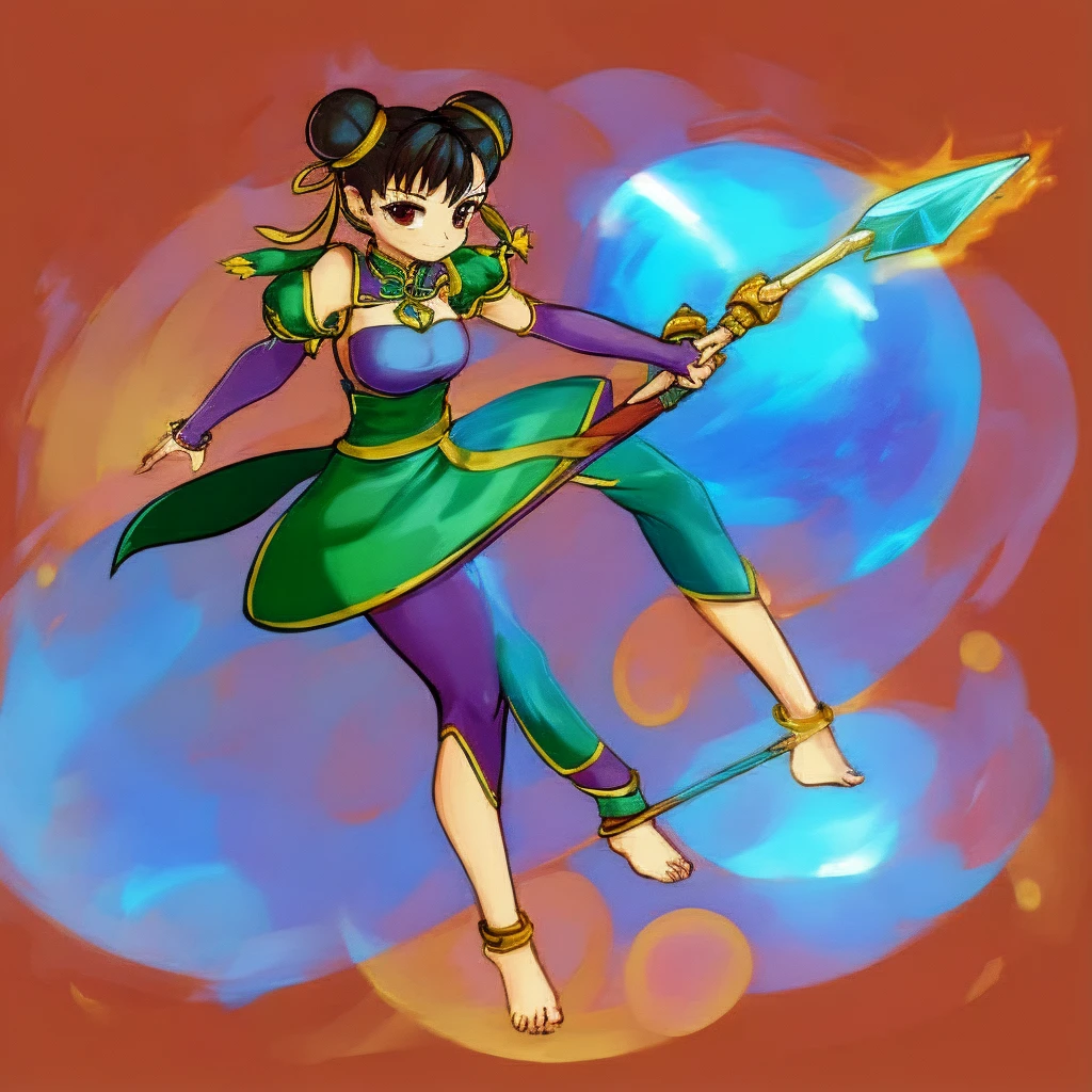 A high-resolution illustration of Nezha, an 18-year-old beautiful goddess general from ancient China. She has long black hair styled in two side buns reminiscent of Chun Li's hairstyle. She wears a light purple embroidered bodice and a lotus leaf skirt. Her wrists are adorned with green three-petal lotus leaf guards. She is barefoot with her ankles wearing green three-petal lotus leaf-shaped anklets. Under her feet are fiery wheels that gently float as she moves. In her left hand, she holds a red-tasseled spear with a glinting tip. Her right hand clutches the Cosmic Circle. The Heavenly Silk Ribbon wraps around her back, swaying slightly with her movements. The illustration should capture her dynamic and epic presence while maintaining a cute and heroic demeanor.