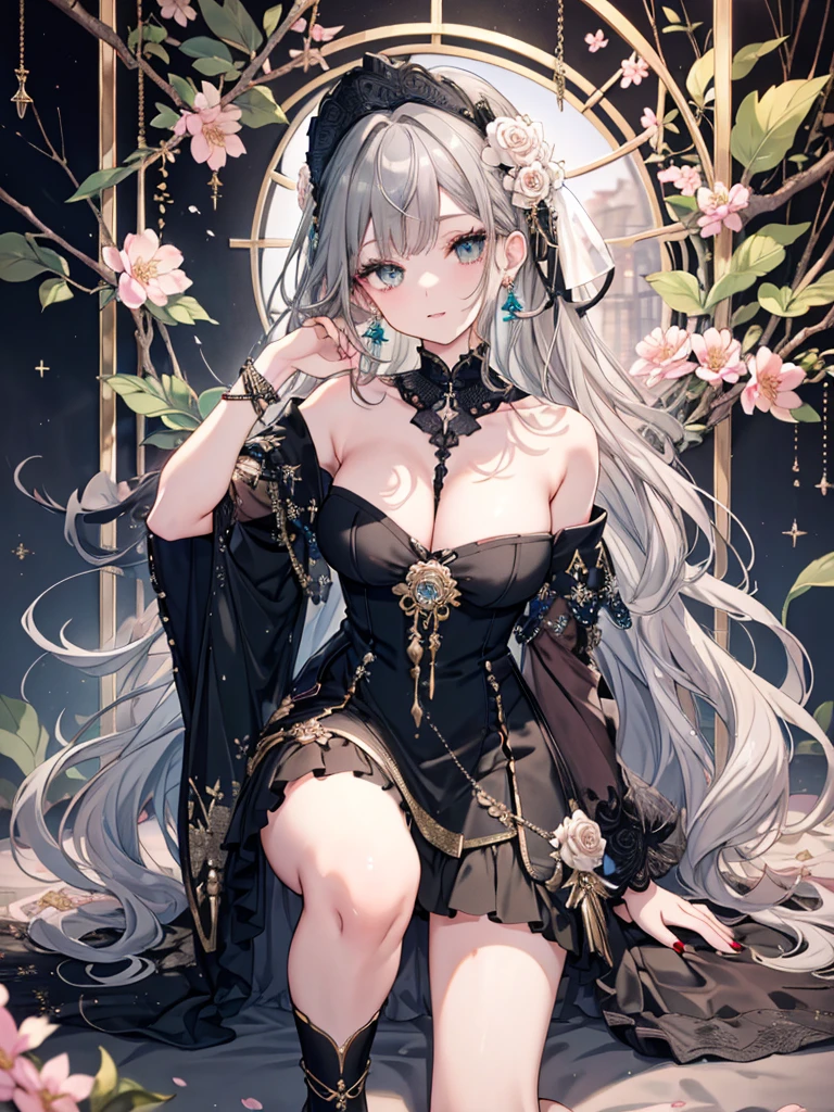Vivid、8k,High resolution RAW color art, animation,Sculpture, Silver Marble Skin, (((Highly detailed elegant))), Magical atmosphere, Detailed skin, texture,(Exquisitely crafted, The finer details, Ultra-detailed art), Depth of written boundary, Silky Touch, Hyper Detail, White Background、Beautiful Eyes, Elegant face, Ivory Rose, eye shadow、(Highest quality:1.2, High detail, masterpiece:1.2, Best aesthetics), (1 Girl), Beautiful woman, Beautiful attention to detail, Beautiful lip detail, Highly detailed face, Delicate depiction of hair and eyes, Detailed Fashion, Aqua Eye, Earrings, Slightly larger breasts,Full body depiction, ,Focus on the user、Beautiful black off-shoulder top、Beautiful black above the knee skirt、Tights up to the knee、Thighs、Gold decoration, Black nails, (((Gray Hair))), Gold bracelet, Long Straight Hair, Light blue inner hair、Hair、Red cheeks、Looking up、evening、Cherry Blossom、Fluttering clothes,