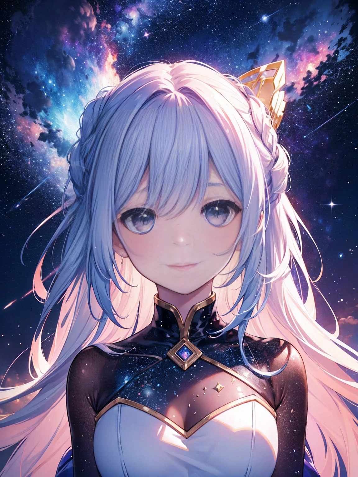Attention to detail, Very detailed, Ultra-high resolution, A girl having fun in a dream galaxy, Surrounded by stars, The warm light that shines on her, The background depicts a starry sky with colorful galaxies and galactic clouds, The stars fly around her, Delicate face, Add some fun , --v6