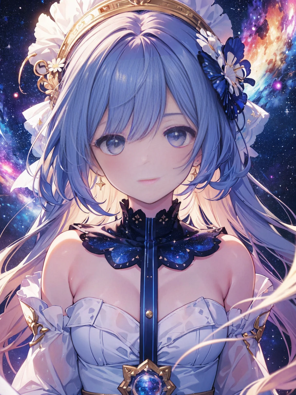 Attention to detail, Very detailed, Ultra-high resolution, A girl having fun in a dream galaxy, Surrounded by stars, The warm light that shines on her, The background depicts a starry sky with colorful galaxies and galactic clouds, The stars fly around her, Delicate face, Add some fun , --v6
