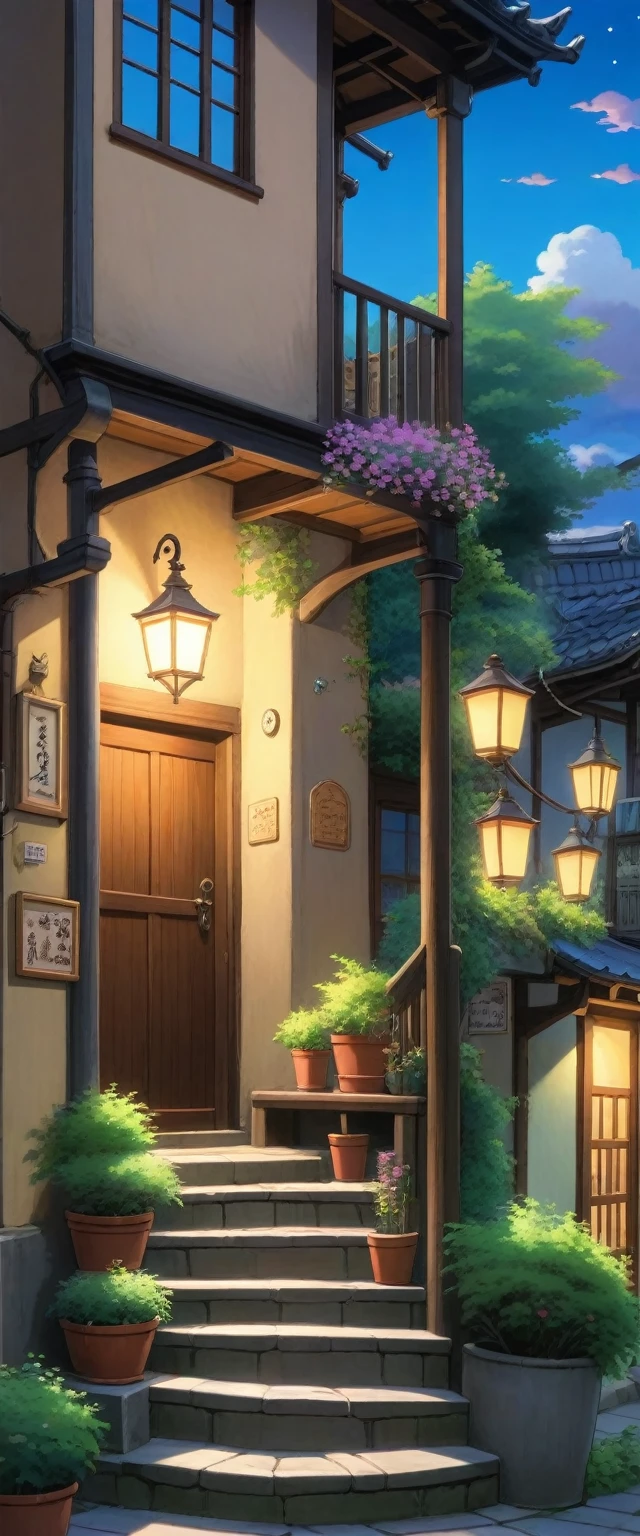 Summer evening、Cute shop at the top of the stairs、((Ghibli anime)）, Fantasy, wonderful,