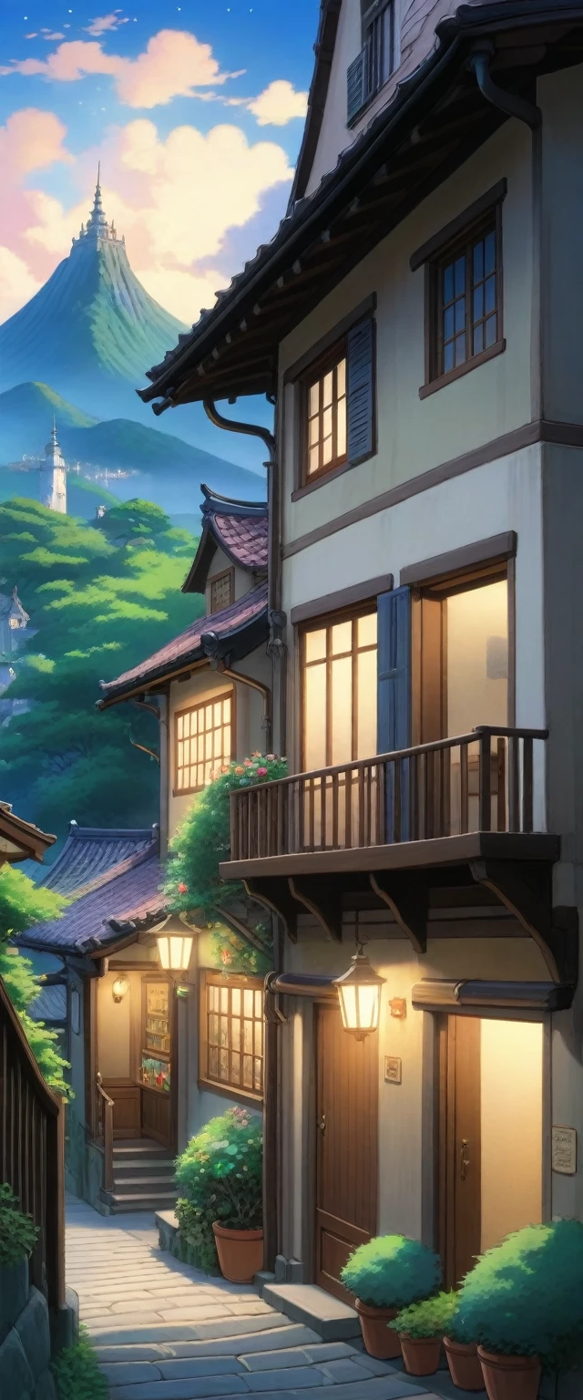 Summer evening、Cute shop at the top of the stairs、((Ghibli anime)）, Fantasy, wonderful,
