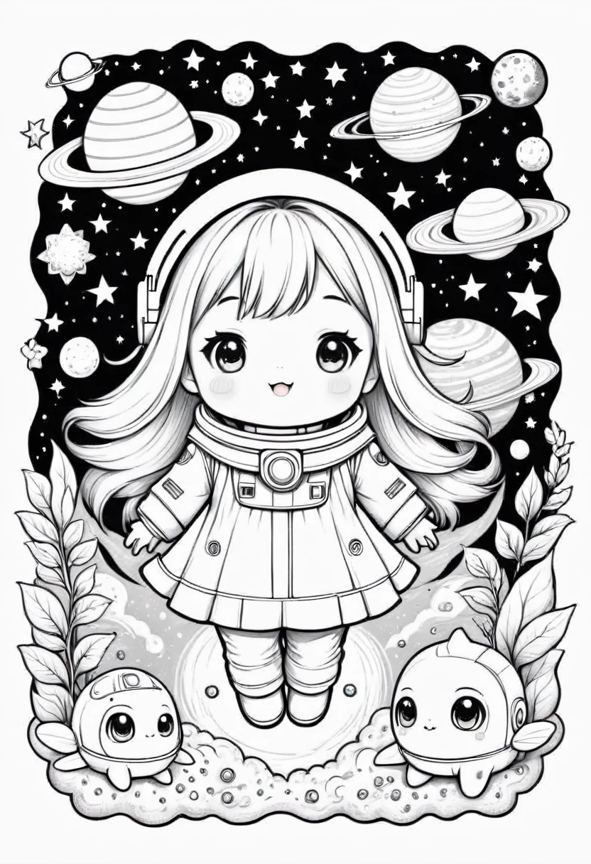 Kawaii coloring book illustration, hand drawn, space elements, White background