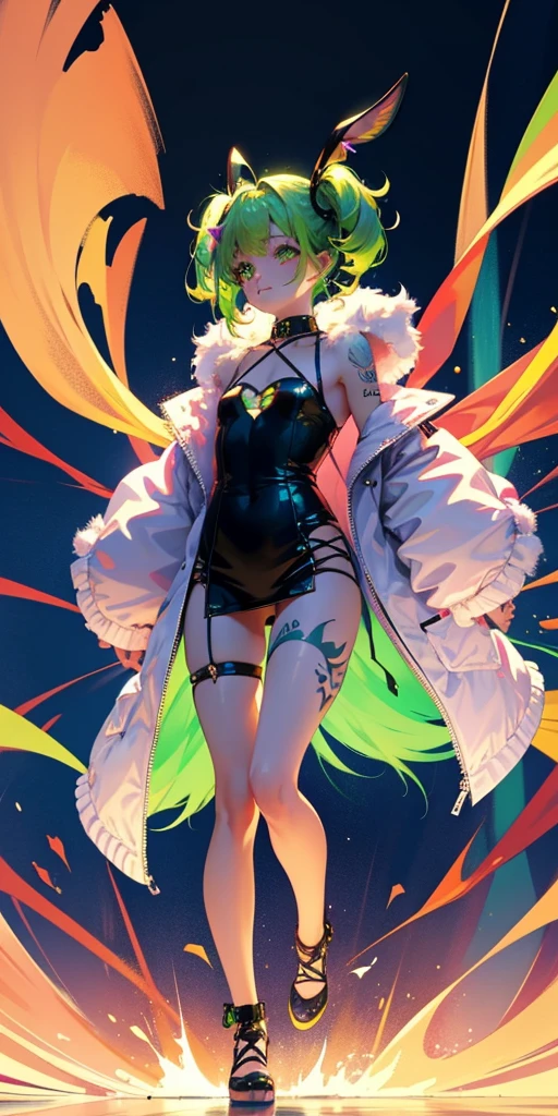Rabbit technique , Science Fiction, Fluffy ,
1 girl, Tattoo, Glowing tattoo, Glowing eyes, Colorful glowing hair , Full body love, Green Hair,
Kawaiitech, Soft colors, Kawaii, Lovely colors,