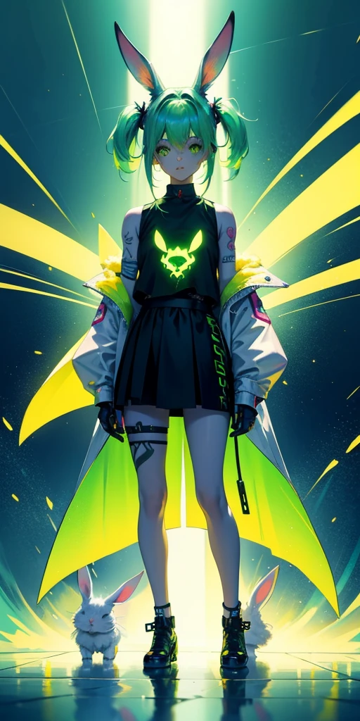 Rabbit technique , Science Fiction, Fluffy , 
1 girl, Tattoo, Glowing tattoo, Glowing eyes, Colorful glowing hair , Full body love, Green Hair,
  Kawaiitech, Soft colors, Kawaii, Lovely colors,