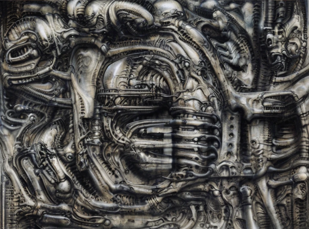 g1g3r, xGiger, The image is a detailed view of H.R. Giger's \" biomechanical landscape no 312\" plate, featuring a complex network of bones and organs in a purple-brown hue ,swirling gray and brown colors. group of alien corpses positioned in the foreground. Emaciated and skeletal, with hollow eyes, they appear to be constructed from bone and metallic elements, a characteristic fusion of organic and mechanical forms found in Giger's biomechanical art. of fossilized beings of ivorish with multiple arms and legs, resembling a group of octopi. The image depicts a complex, intricate, and detailed design that appears to be a fusion of organic and mechanical elements, with a focus on the interplay between the two.