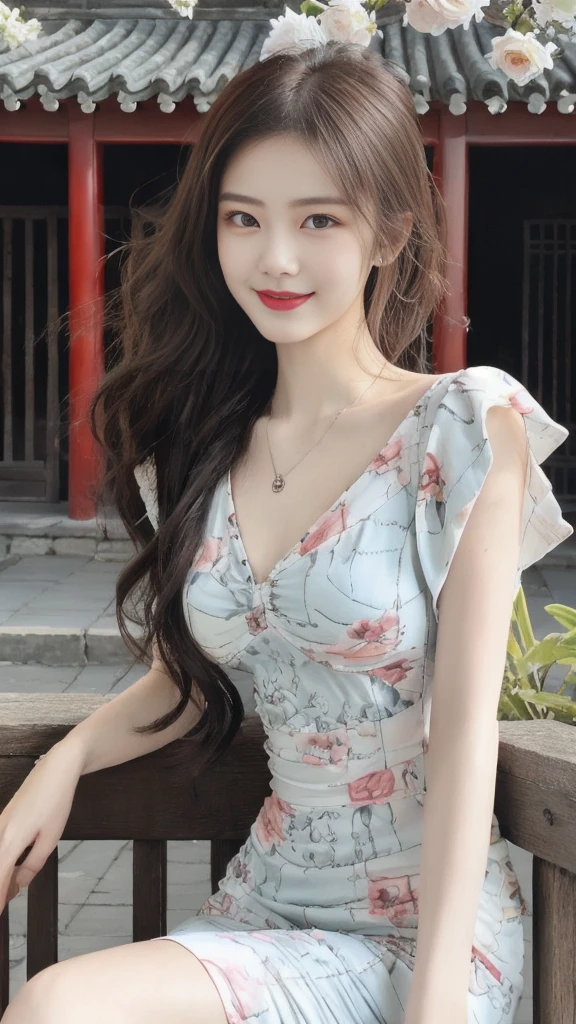 best quality,Super detailed,masterpiece,Employment,8k,Extremely detailed CG unifies 8k, 8k, diamond, and wallpaper，lifelike, Surreal, The original, Intricate details，Detailed face，Exquisite eyes, Skin smooth and soft, Delicate face, Big shining eyes，1 beautiful女孩, 18 years old， Super beautiful face details, Smiling shyly, Medium breasts, (best quality),[masterpiece],((beautiful:0.75) Cute girl:0.75),Long hair,Knees up,necklace,Jewelry,Looking at the audience,Front camera,(Floral Background:1.2),Ancient Chinese Town,old Chinese building,dusk,Sunlight,Chinese garden, Printed dress,