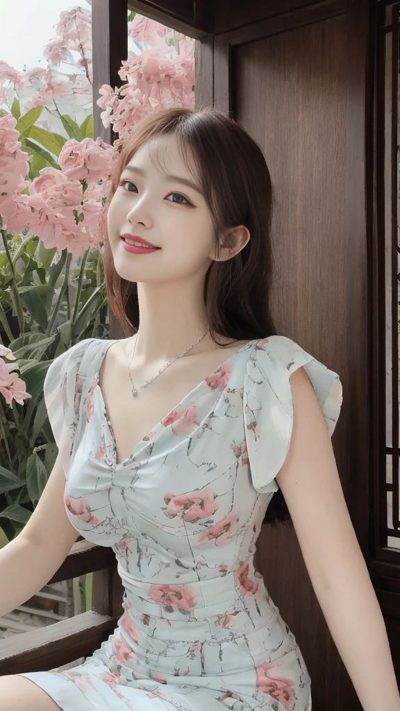 best quality,Super detailed,masterpiece,Employment,8k,Extremely detailed CG unifies 8k, 8k, diamond, and wallpaper，lifelike, Surreal, The original, Intricate details，Detailed face，Exquisite eyes, Skin smooth and soft, Delicate face, Big shining eyes，1 beautiful女孩, 18 years old， Super beautiful face details, Smiling shyly, Medium breasts, (best quality),[masterpiece],((beautiful:0.75) Cute girl:0.75),Long hair,Knees up,necklace,Jewelry,Looking at the audience,Front camera,(Floral Background:1.2),Ancient Chinese Town,old Chinese building,dusk,Sunlight,Chinese garden, Printed dress,