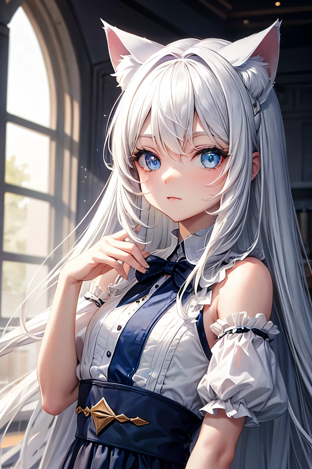 long white hair，Cat ears，blue eyes， girl