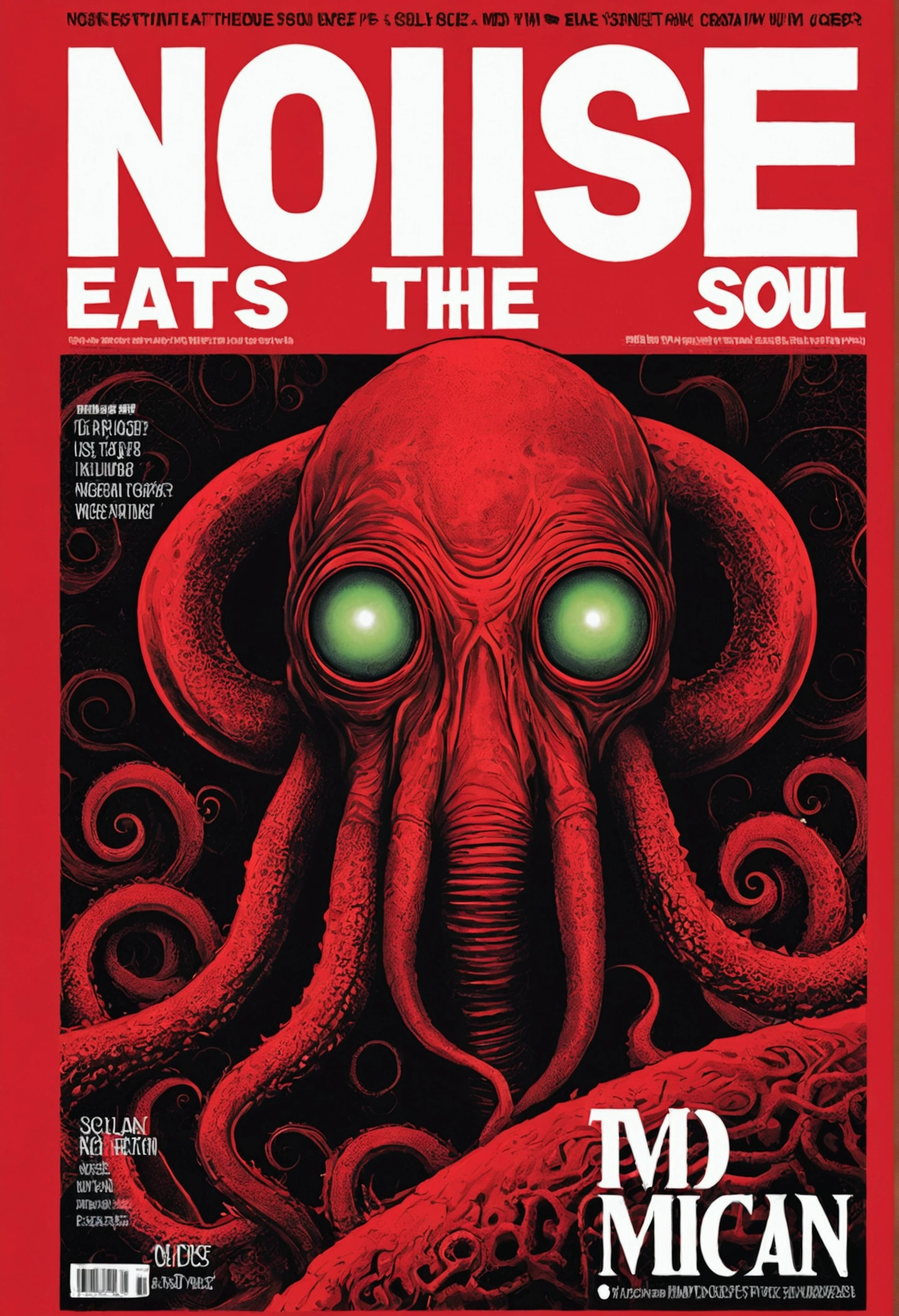 Noise eats the soul,magazine cover, Poster Art , Lovecraftian sci-fi genre,red, Bold large text, Matte design layout.