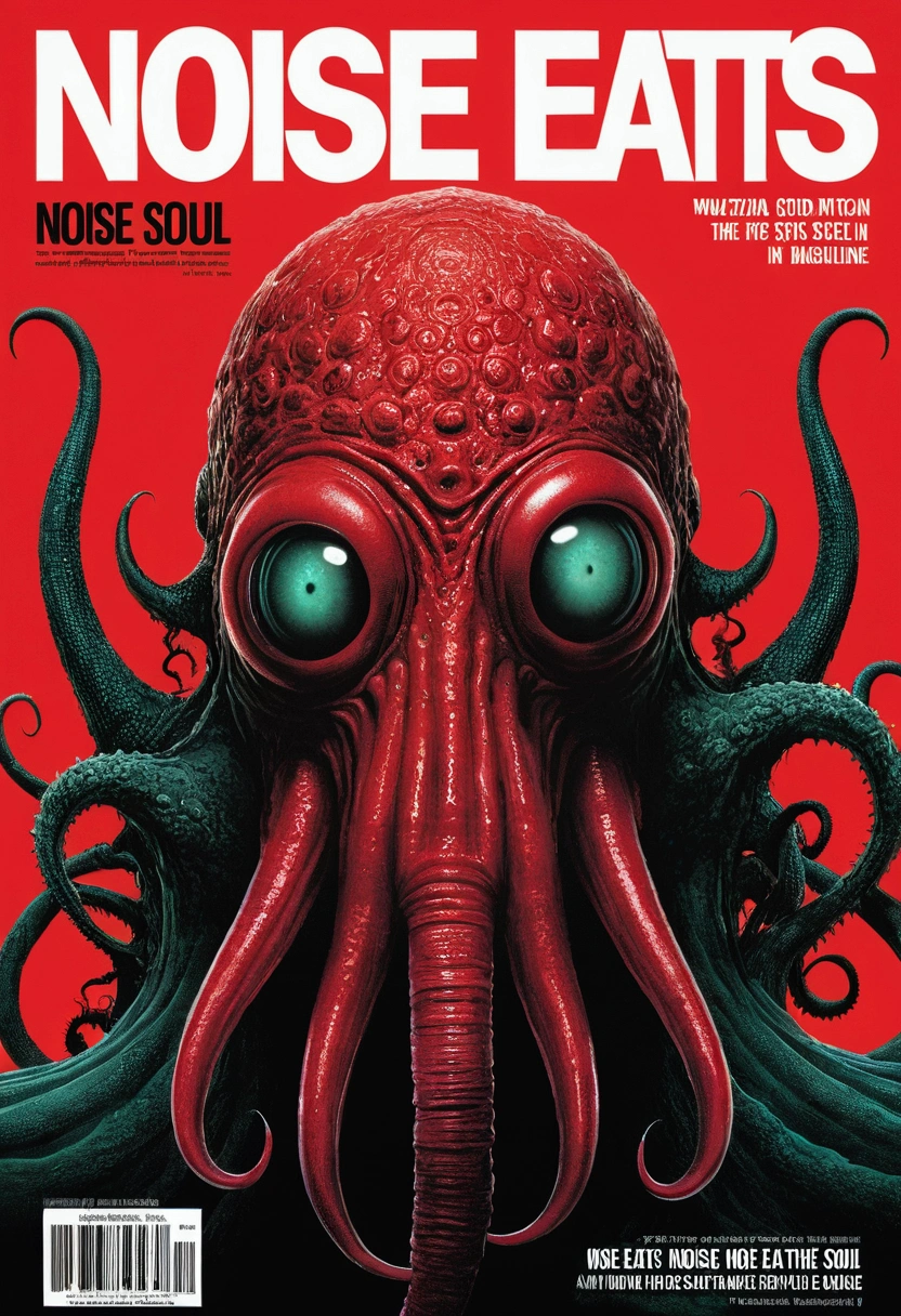 Noise eats the soul,magazine cover, Poster Art , Lovecraftian sci-fi genre,red, Bold large text, Matte design layout.