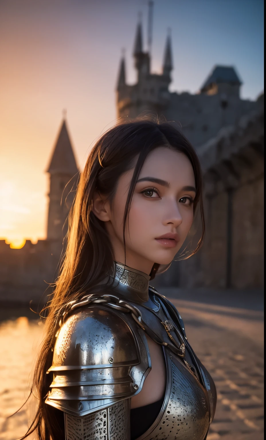 (masterpiece), (Very complicated:1.3), (Realistic), Portrait of a Girl, The most beautiful in the world, (Medieval Armor), Metal Reflection, Upper Body, Outdoor, Strong sunlight, Distant Castle, Detailed professional photos of beautiful women, Sharp focus, dramatic, Awards, Cinema Lighting, Octane Rendering Unreal Engine, Volumetrics dtx, (Film Grain, Blurred Background, Blurred foreground, Bokeh, Depth of written boundary, sunset, Motion Blur:1.3), Chain Mail