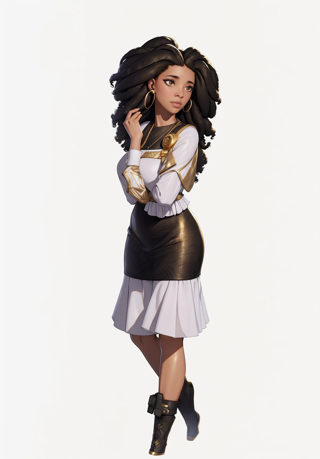 Young woman , afro hairstyle, afro, Black skirt, white mother, white handbag in hand, ((headphones на шее)), (headphones), beautiful textured long flowing hair, gold decoration, gold earrings, photorealistic, masterpiece, perfect faces, watercolor, Cinematic professional 8K photography with ray tracing, subsurface scattering and illumination,