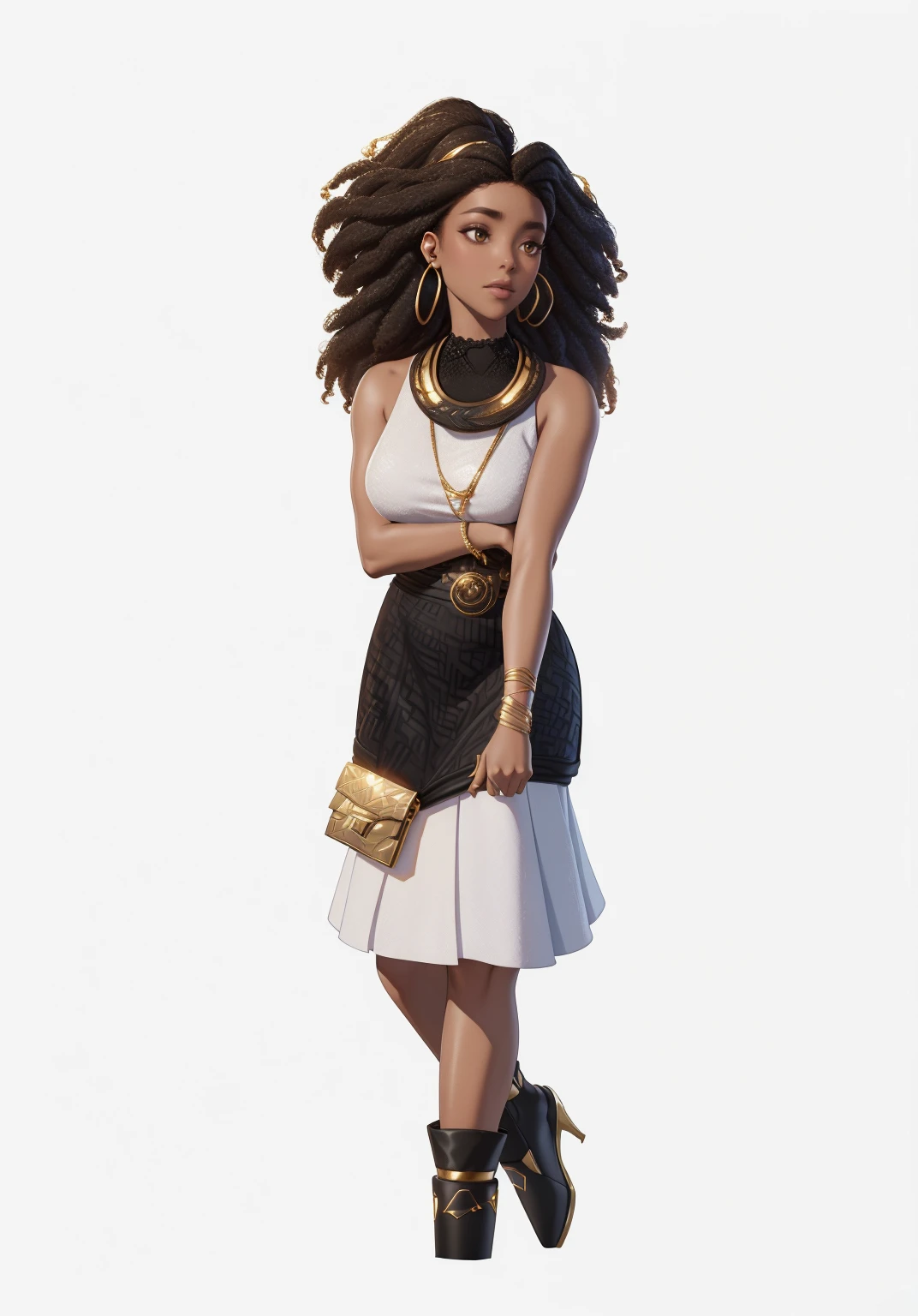 Young woman , afro hairstyle, afro, Black skirt, white mother, white handbag in hand, ((headphones на шее)), (headphones), beautiful textured long flowing hair, gold decoration, gold earrings, photorealistic, masterpiece, perfect faces, watercolor, Cinematic professional 8K photography with ray tracing, subsurface scattering and illumination,