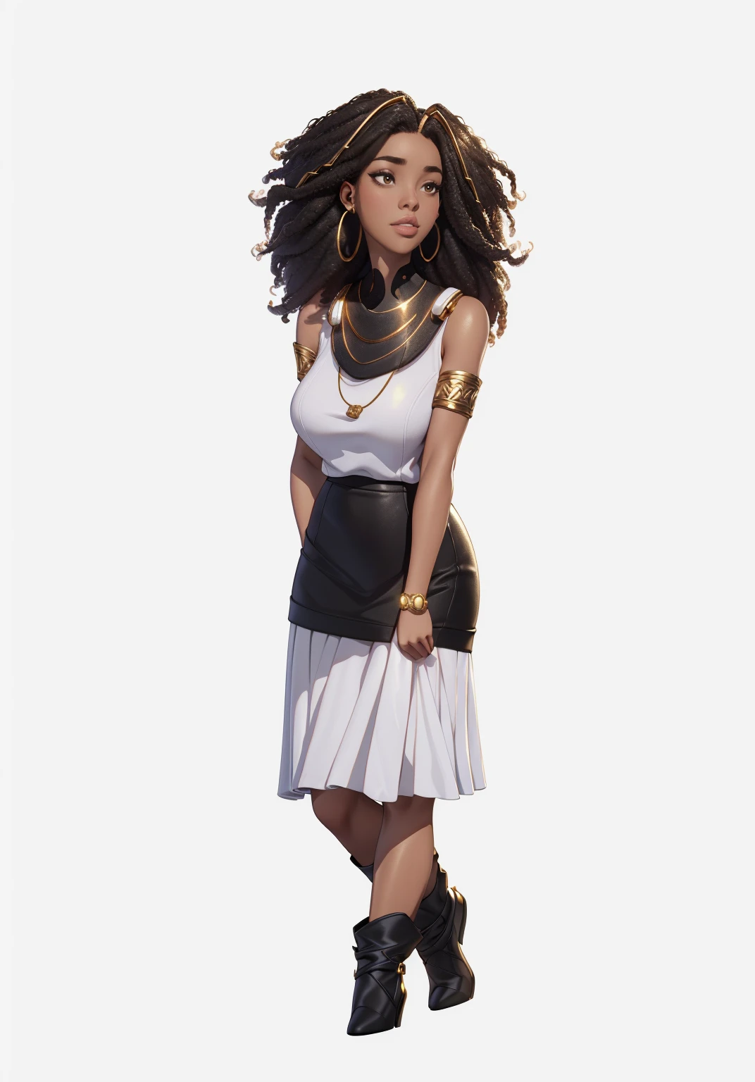 Young woman  , afro hairstyle, afro, Black skirt, white mother, white handbag in hand, ((headphones на шее)), (headphones),  beautiful textured long flowing hair,  gold decoration, gold earrings, photorealistic, masterpiece,  perfect faces,  watercolor, Cinematic professional 8K photography with ray tracing, subsurface scattering and illumination,