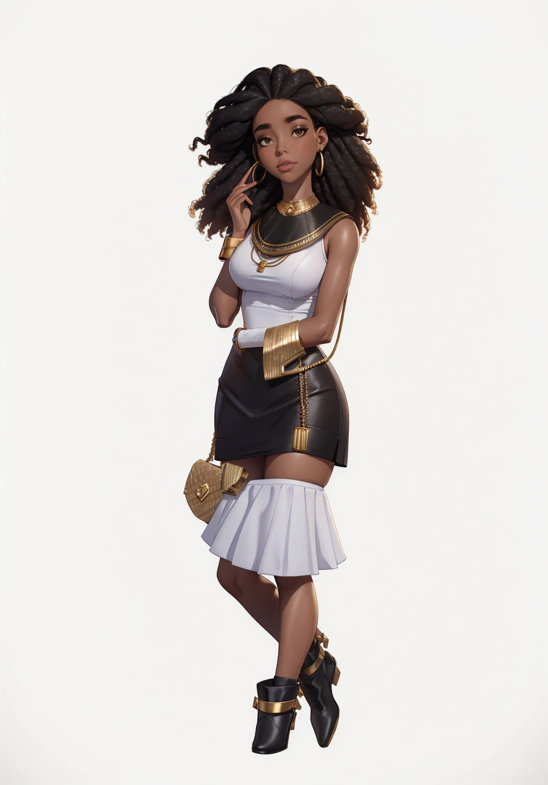 Young woman , afro hairstyle, afro, Black skirt, white mother, white handbag in hand, ((headphones на шее)), (headphones), beautiful textured long flowing hair, gold decoration, gold earrings, photorealistic, masterpiece, perfect faces, watercolor, Cinematic professional 8K photography with ray tracing, subsurface scattering and illumination,
