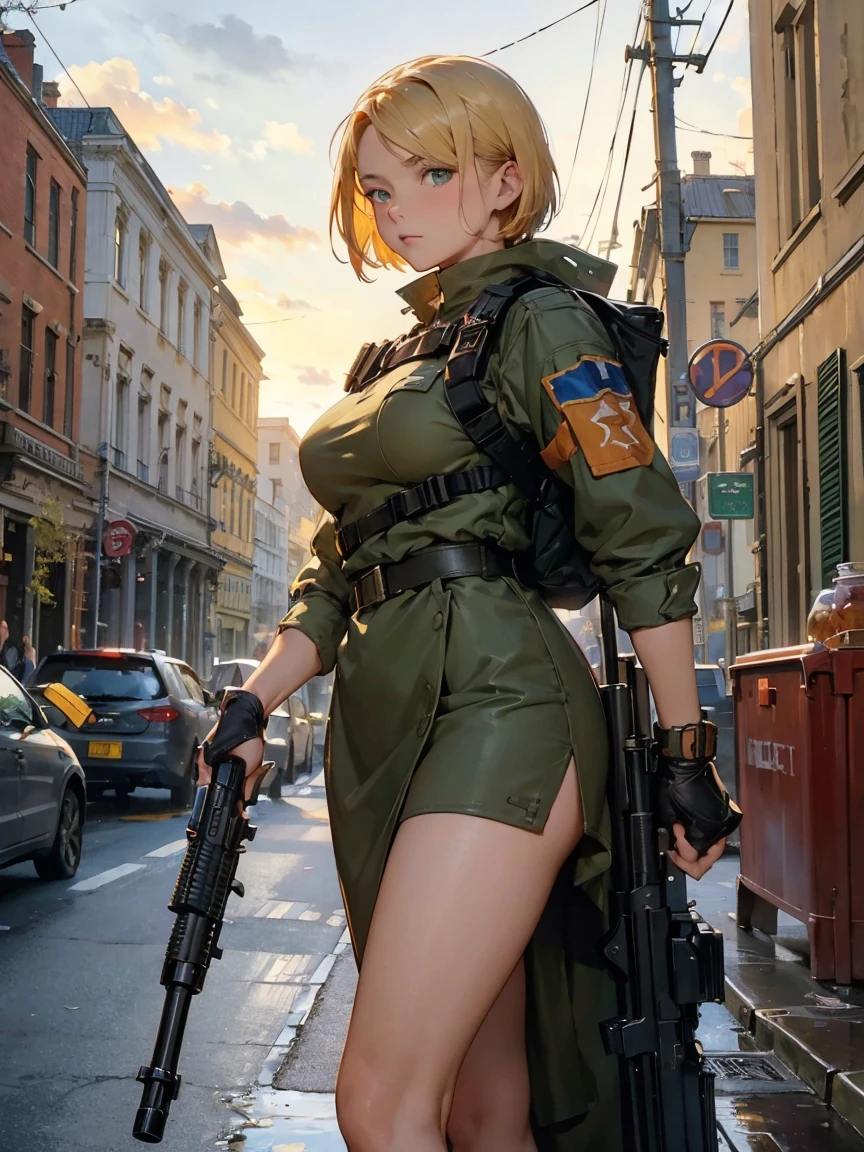 solo,1girl,outdoors,cityscape,standing,ruanyi0308,armor,assault rifle,camouflage,helmet,holding weapon,load bearing vest,backpack,m4 carbine,full body,, best quality,masterpiece,highres,official art,extremely detailed cg unity 8k wallpaperart by (Carl Larsson:1.2),(post-Impressionist),,((oil painting)),soft lighting,COOL,cammy sf6, 1girl,solo,blonde hair, short hair,Absurd resolution, A high resolution, (tmasterpiece:1.4), ((gigantic braests)), ultra - detailed, 1girll, brown color eyes, cabelos preto e longos，Wear a police uniform and a short skirt, the city street,sexyposture, The camera is close to the body　1girl, solo, maria tachibana, blonde hair, hair over one eye, short hair, green eyes, large breast, sexy bra, cowboy shot