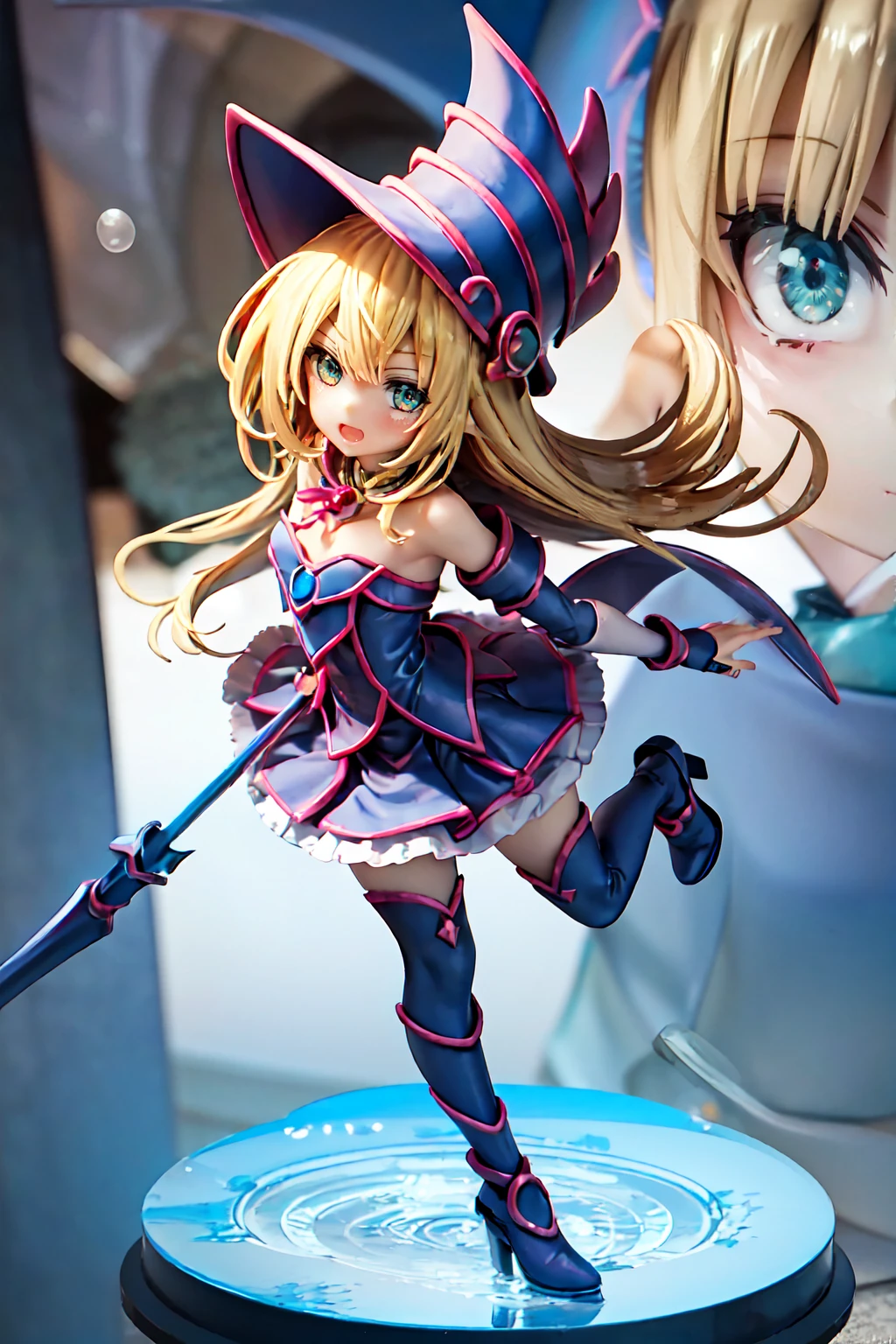 dark magician girl, Super detailed, Very detailed, masterpiece, 最high quality, 最high quality, Absurd, High resolution, Black Magician Girl, (One girl:1.2), alone, Detailed face, Dynamic pose, Hair flow, (whole body:1.1), Blonde, Long Hair, View your viewers, Green Eyes, Detailed skin, chest, Manicure, skirt, Blue footwear, Blue hat, Wizard&#39;s Hat, Cane, I have a hat, (Blue panties:0.9), masterpiece, Very detailed, A magnificent composition, high quality, 最high quality, 4K, (white background:1.5), pedestal , Figures