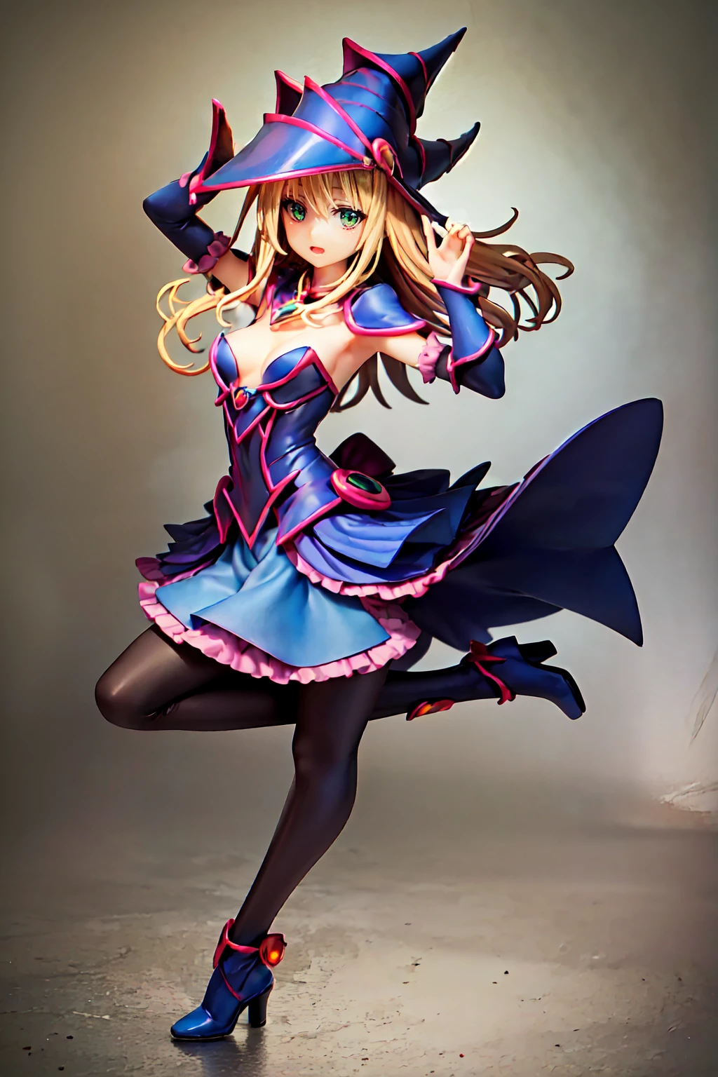 dark magician girl, Super detailed, Very detailed, masterpiece, 最high quality, 最high quality, Absurd, High resolution, Black Magician Girl, (One girl:1.2), alone, Detailed face, Dynamic pose, Hair flow, (whole body:1.1), Blonde, Long Hair, View your viewers, Green Eyes, Detailed skin, chest, Manicure, skirt, Blue footwear, Blue hat, Wizard&#39;s Hat, Cane, I have a hat, (Blue panties:0.9), masterpiece, Very detailed, A magnificent composition, high quality, 最high quality, 4K, (white background:1.5), pedestal , Figures