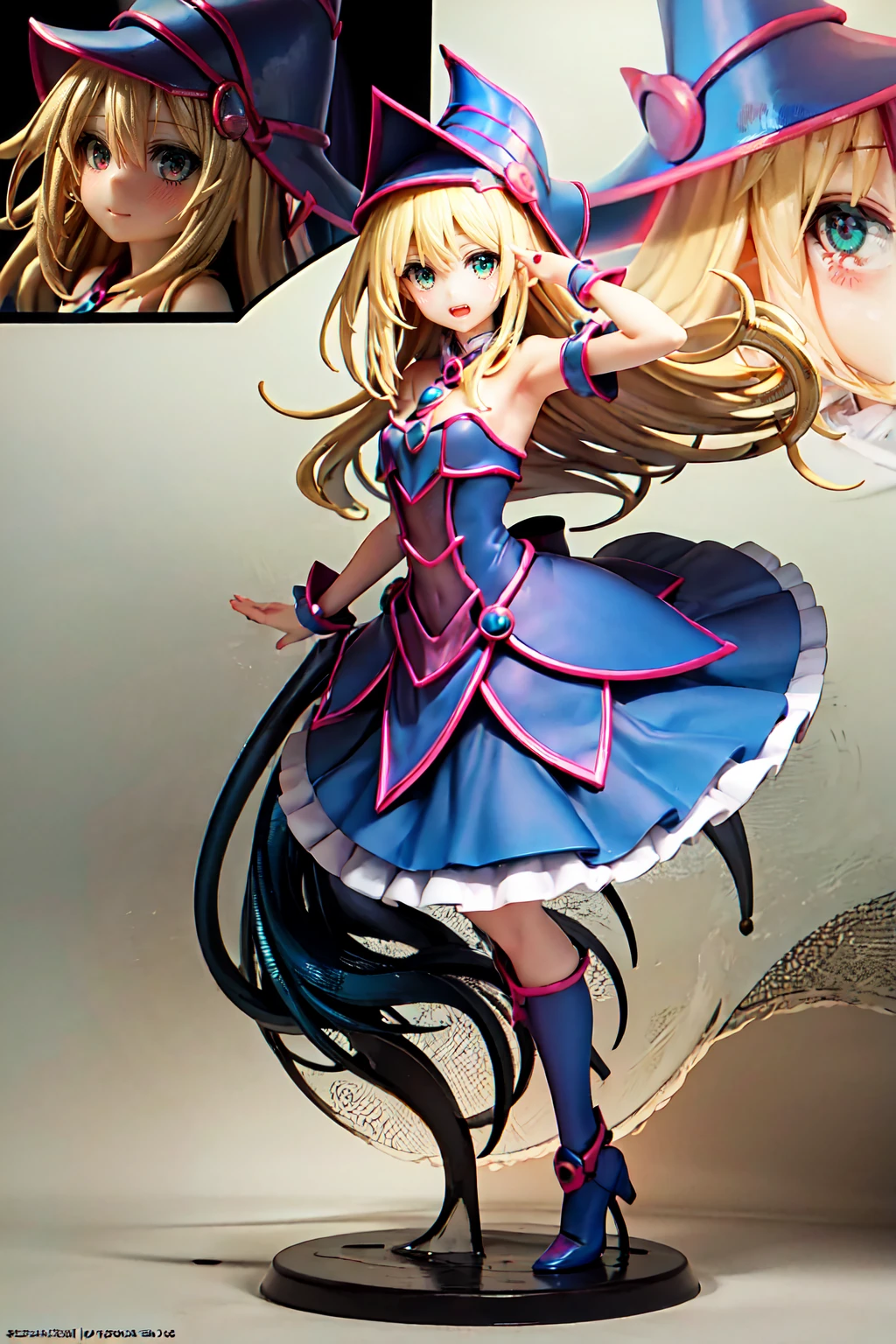 dark magician girl, Super detailed, Very detailed, masterpiece, 最high quality, 最high quality, Absurd, High resolution, Black Magician Girl, (One girl:1.2), alone, Detailed face, Dynamic pose, Hair flow, (whole body:1.1), Blonde, Long Hair, View your viewers, Green Eyes, Detailed skin, chest, Manicure, skirt, Blue footwear, Blue hat, Wizard's Hat, Cane, I have a hat, (Blue panties:0.9), masterpiece, Very detailed, A magnificent composition, high quality, 最high quality, 4K, (white background:1.5), pedestal , Figures