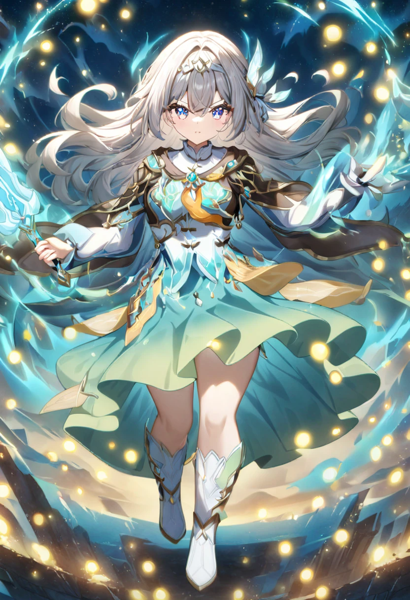 1girl, white long hair, blue eyes, holding sword, 12 zodiac knight, white and blue color, white hair deity, shadowverse style, cute anime girl in beautiful dress, detailed key anime art, anime character art, official character art, pixiv digital art, zerochan art, detailed anime character art, 12 zodiac knight girl, full body shot