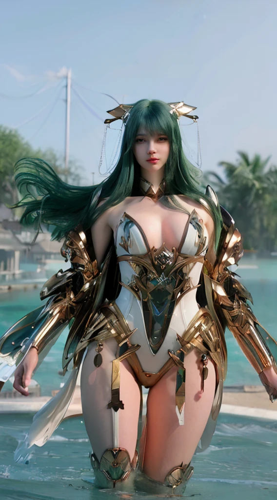 (A complex green-haired woman，Mecha joints and wing radiation, Quiet and dignified, Standing in the water), High-res, Ultra-detailed, Realistic, Vibrant colors, Bokeh, Studio lighting.