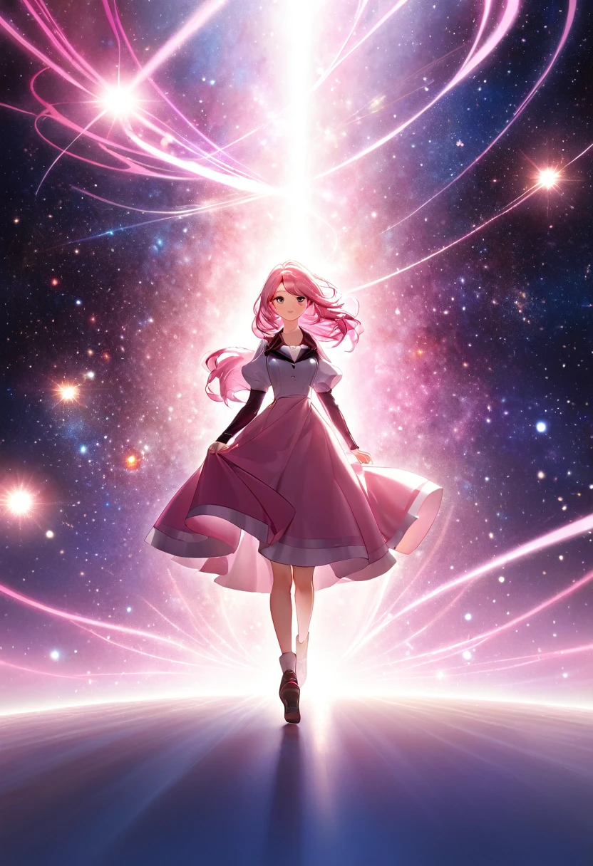 A beautiful woman with long pink hair walks into the beautiful light of the universe