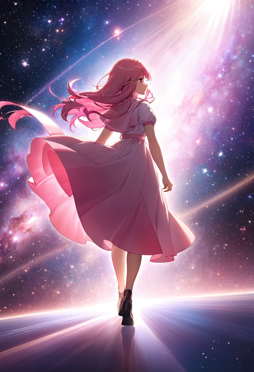A beautiful woman with long pink hair walks into the beautiful light of the universe