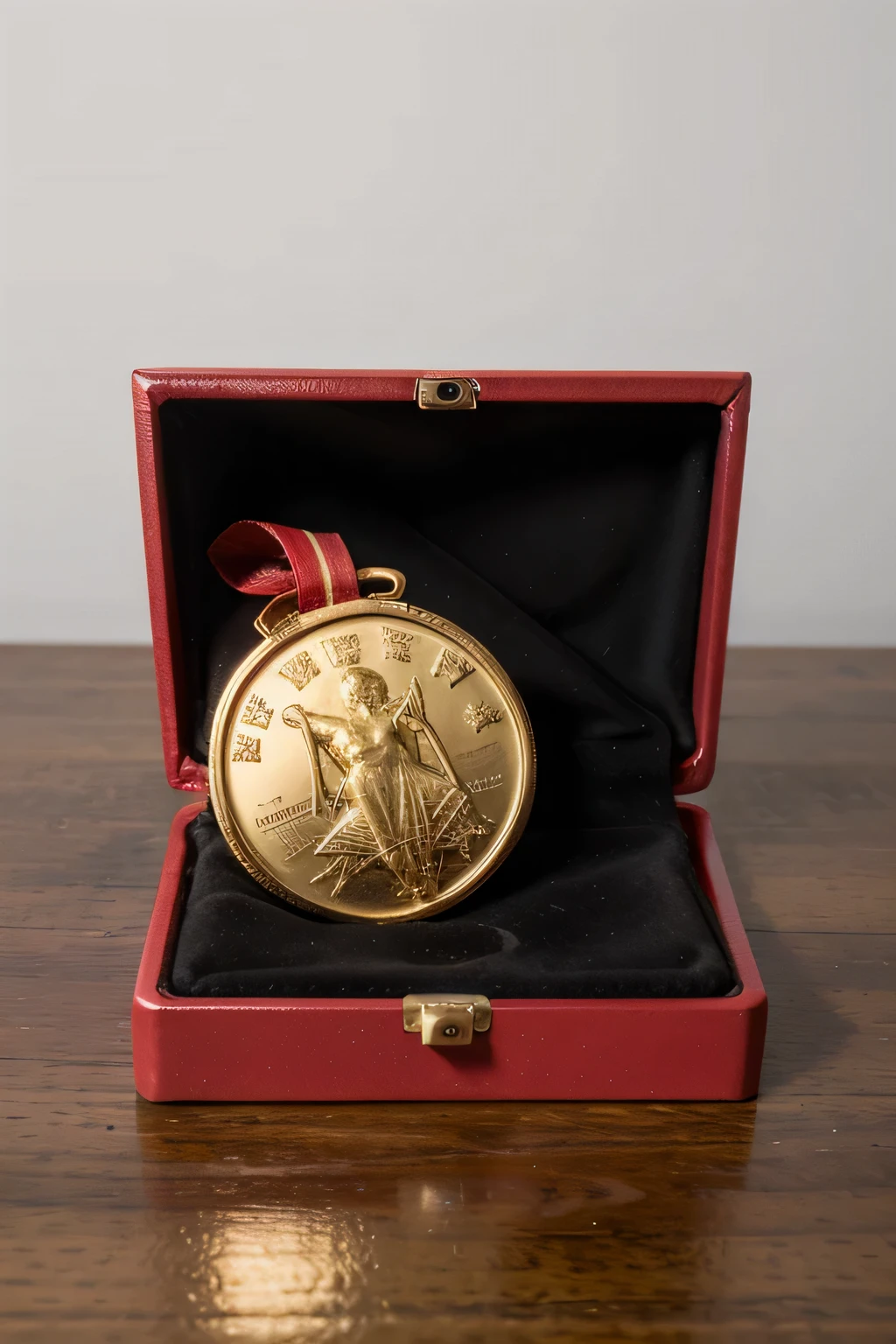 A  beautiful gold medal 🏅 kept in a beautiful red and black box case realistic perfect 