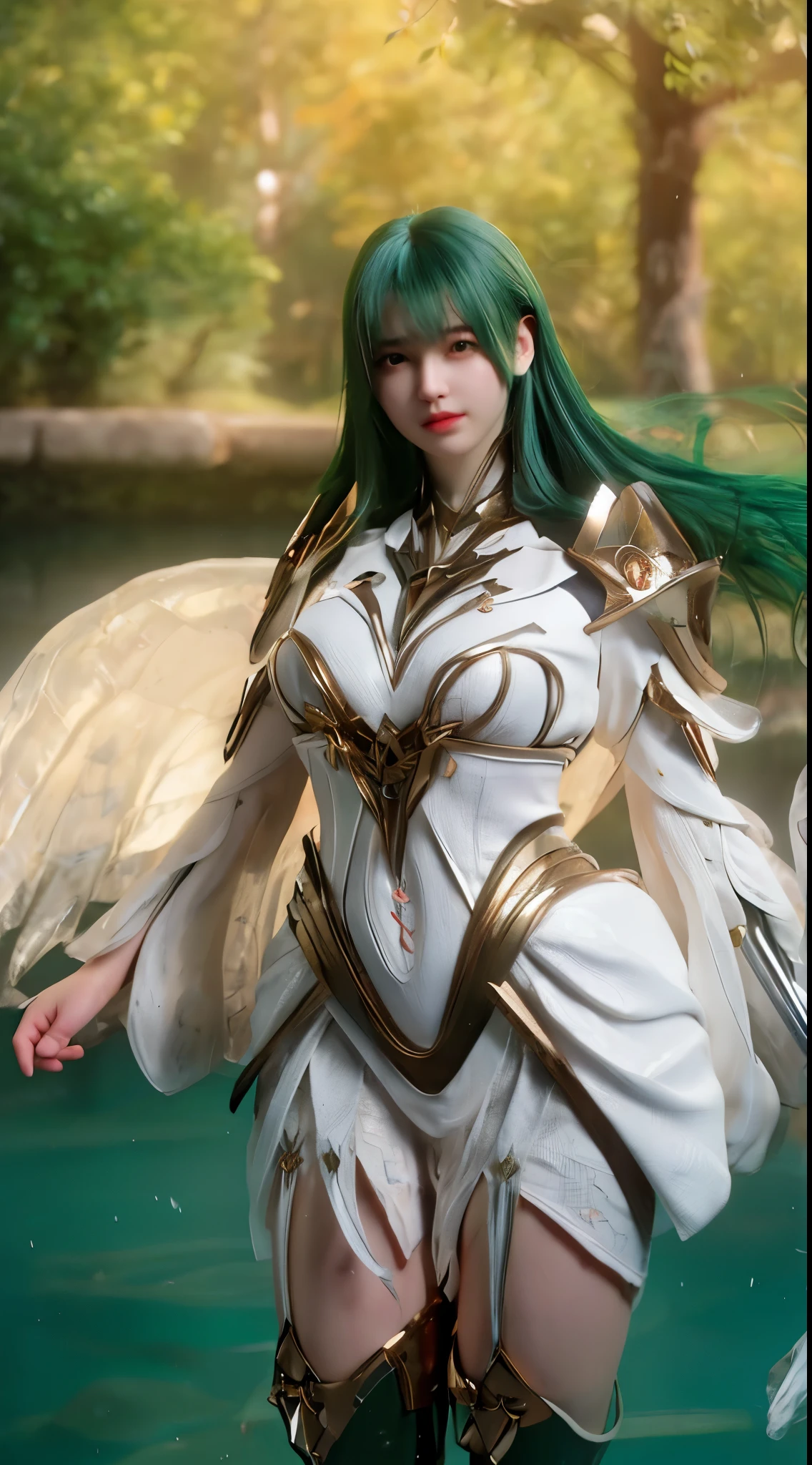 (A complex green-haired woman,Mecha joints and wing radiation, Quiet and dignified, Standing in the water), High-res, Ultra-detailed, Realistic, Vibrant colors, Bokeh, Studio lighting.