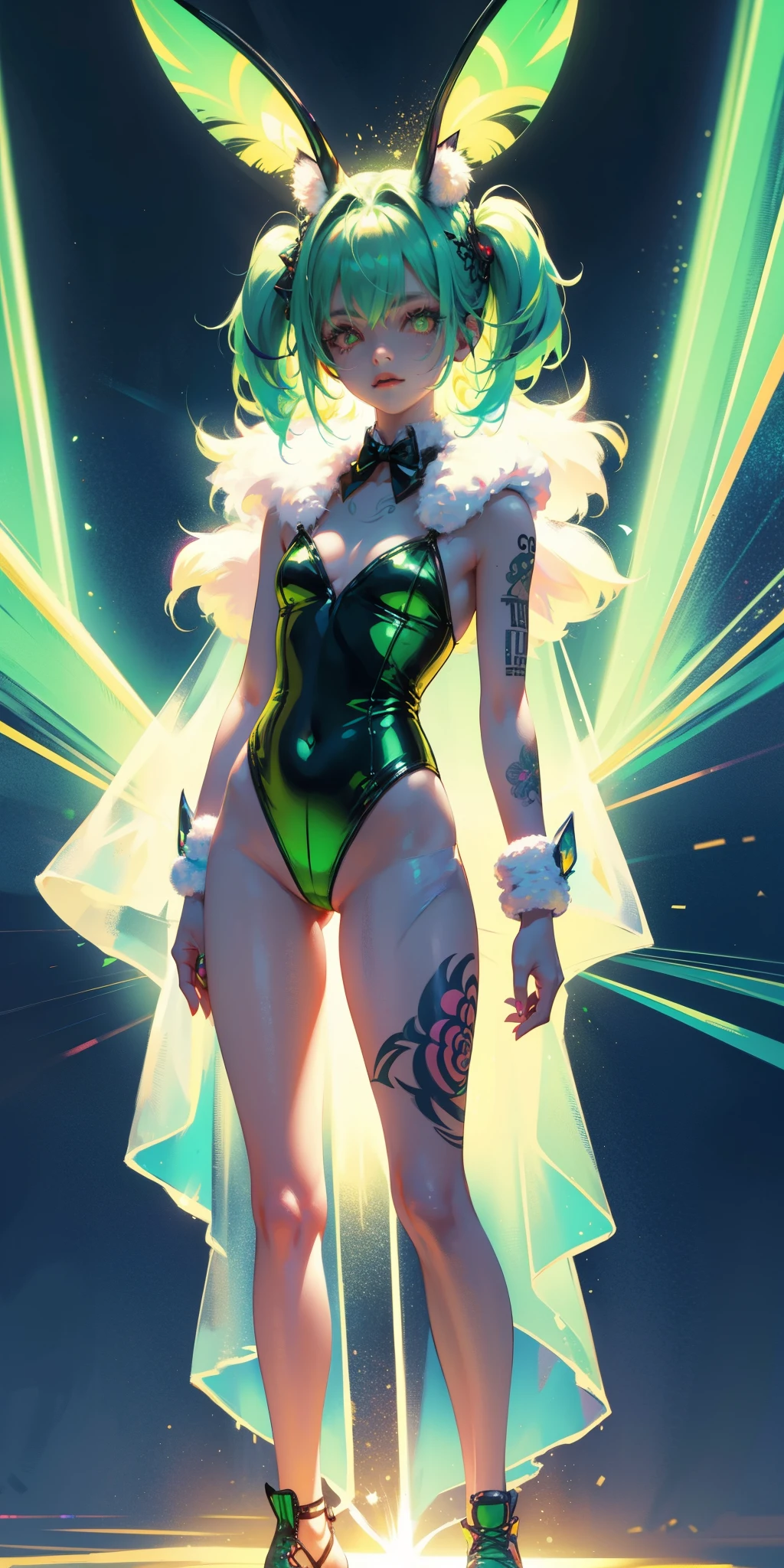 Rabbit technique , Science Fiction, Fluffy , 
1 girl, Tattoo, Glowing tattoo, Glowing eyes, Colorful glowing hair , Full body love, Green Hair,
  Kawaiitech, Soft colors, Kawaii, Lovely colors,