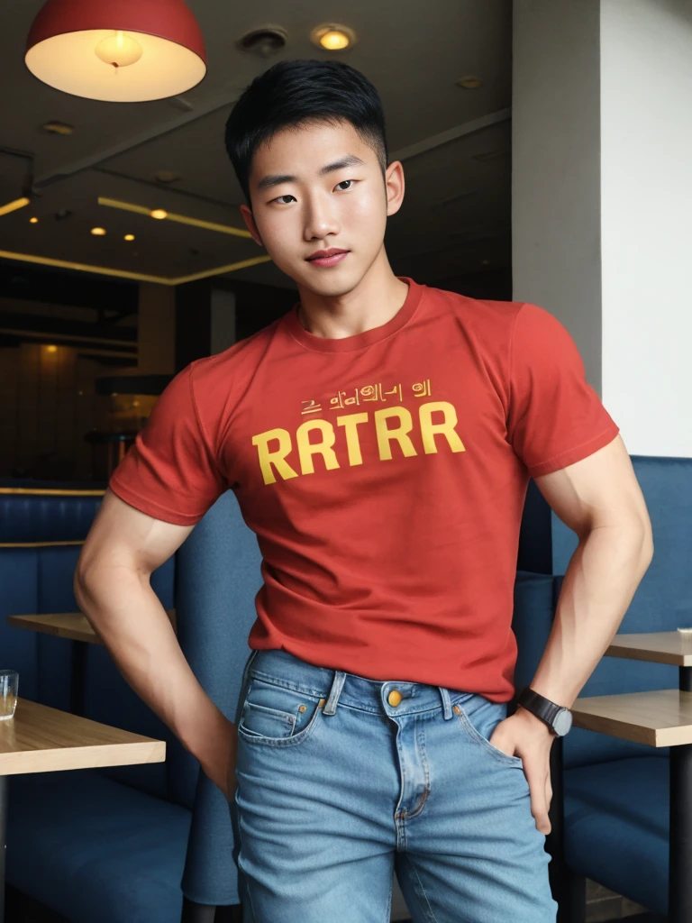 ((realistic daylight)) , Young Korean man in only a green t-shirt, no pattern, denim shirt, and jeans., A handsome, muscular young Asian man looks at the camera. In a simple t-shirt blue and red , in the restaurant ,turn sideways