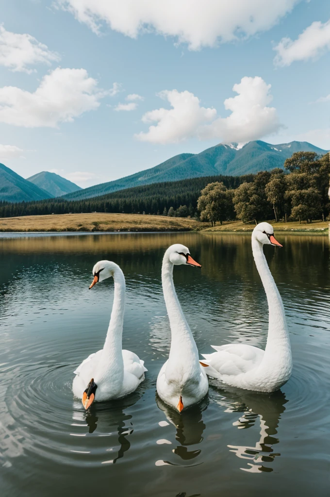 three white swans in a lake