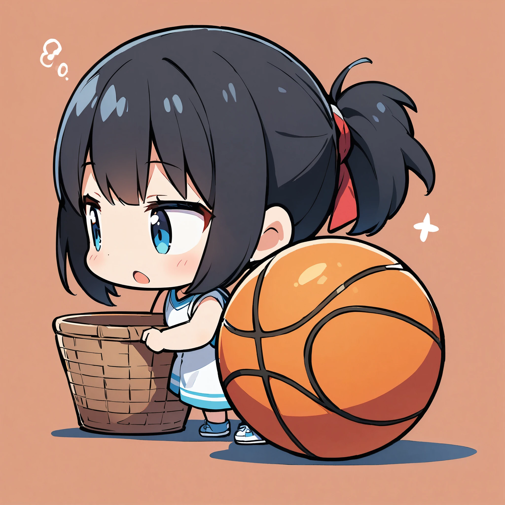A girl putting a basketball into a basket on the ground, pretty girl, Deformation, Basketball and ball, Black Hair Girl, Cute dunk shot, Plain background,
